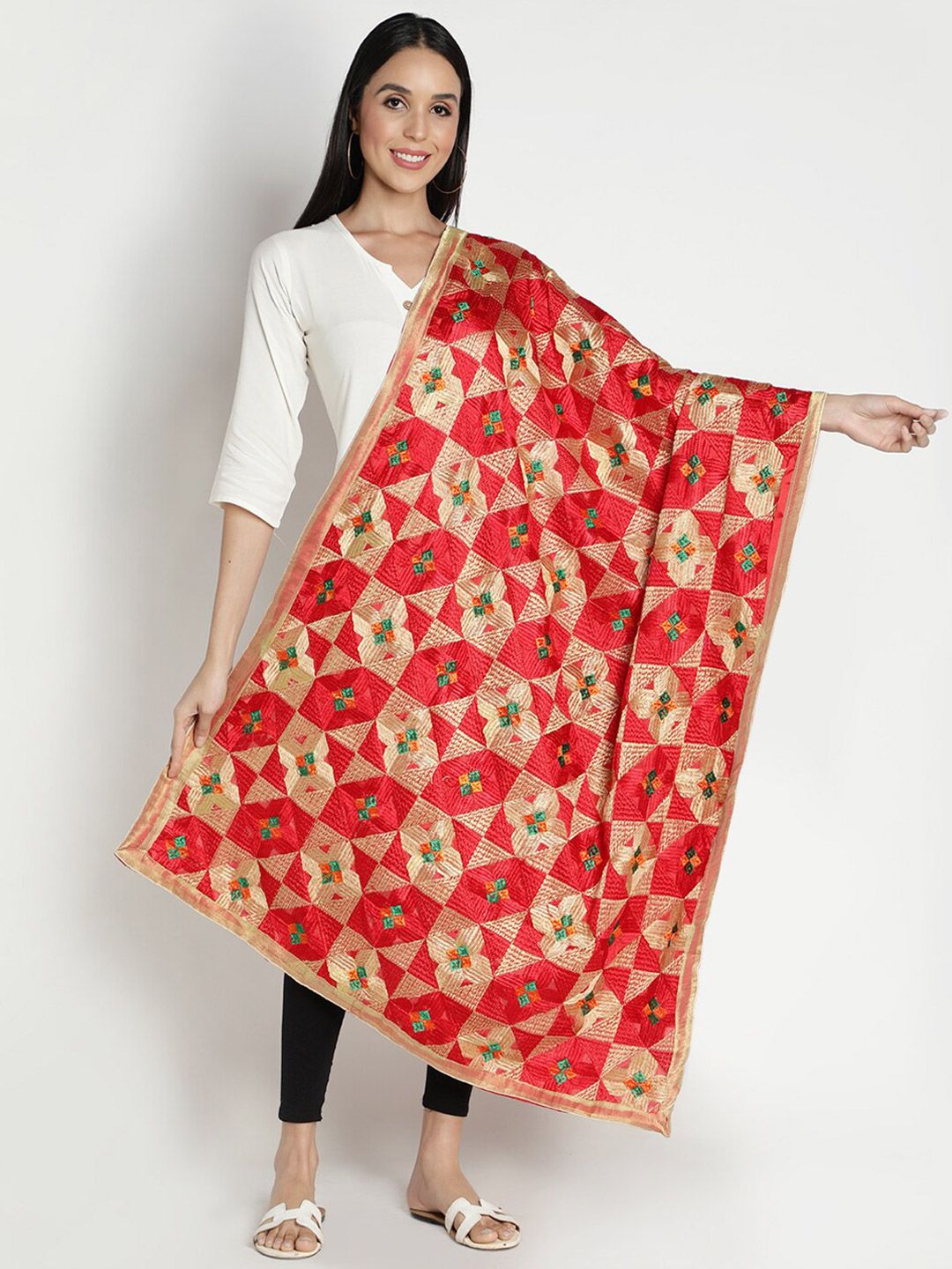 Moda Chales Red & Gold-Toned Phulkari Embroidered Dupatta Price in India