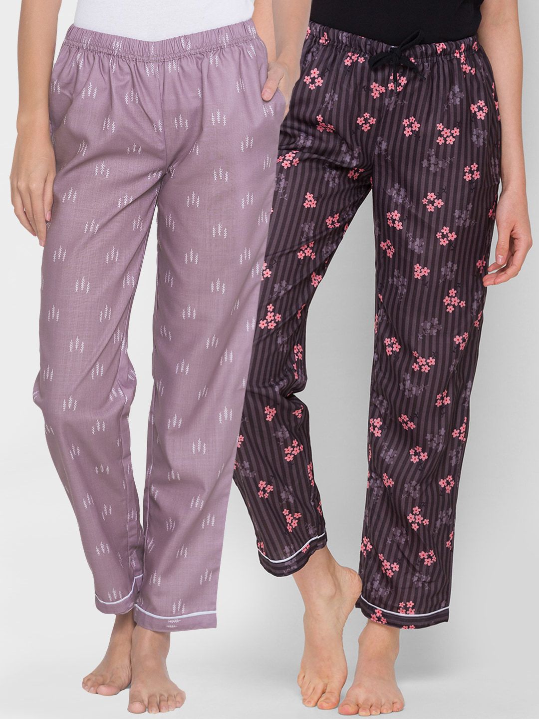 FashionRack Women Purple & Brown Pack of 2 Printed Lounge Pants Price in India