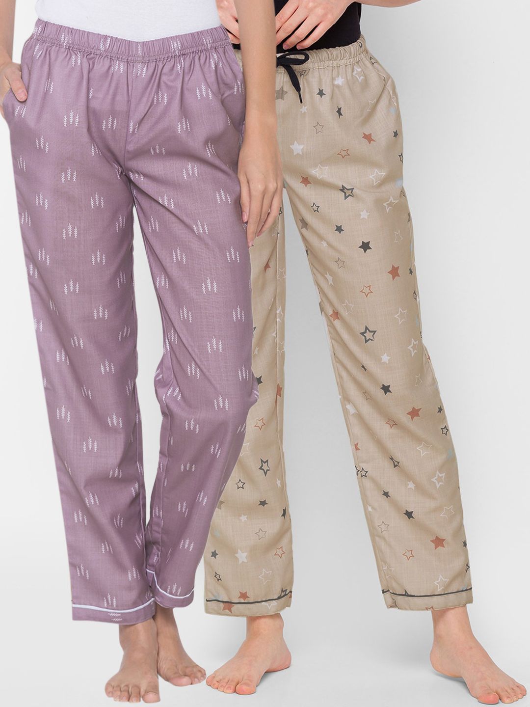 FashionRack Pack of 2 Women Purple & Beige Printed Lounge Pants Price in India