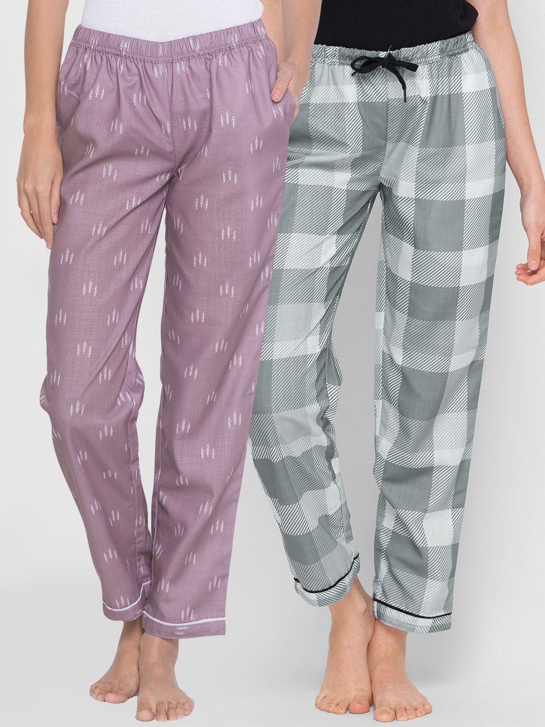 FashionRack Women Pack of 2 Purple & Grey Printed Cotton Lounge Pants Price in India