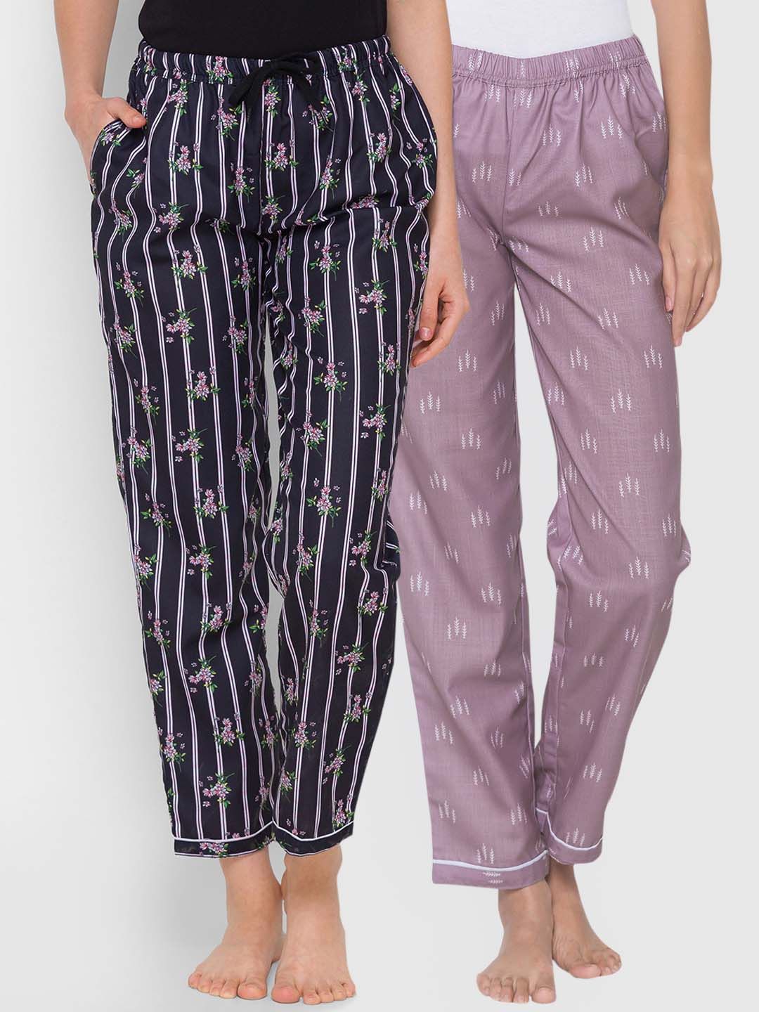 FashionRack  Women Pack of 2 Navy Blue & Grey Printed Cotton Lounge Pants Price in India