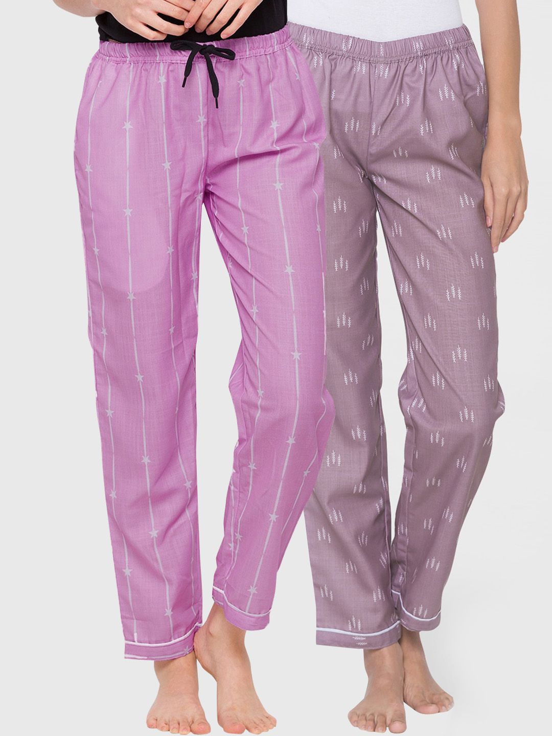 FashionRack Women Pack Of 2 Purple & Grey Printed Cotton Lounge Pants Price in India