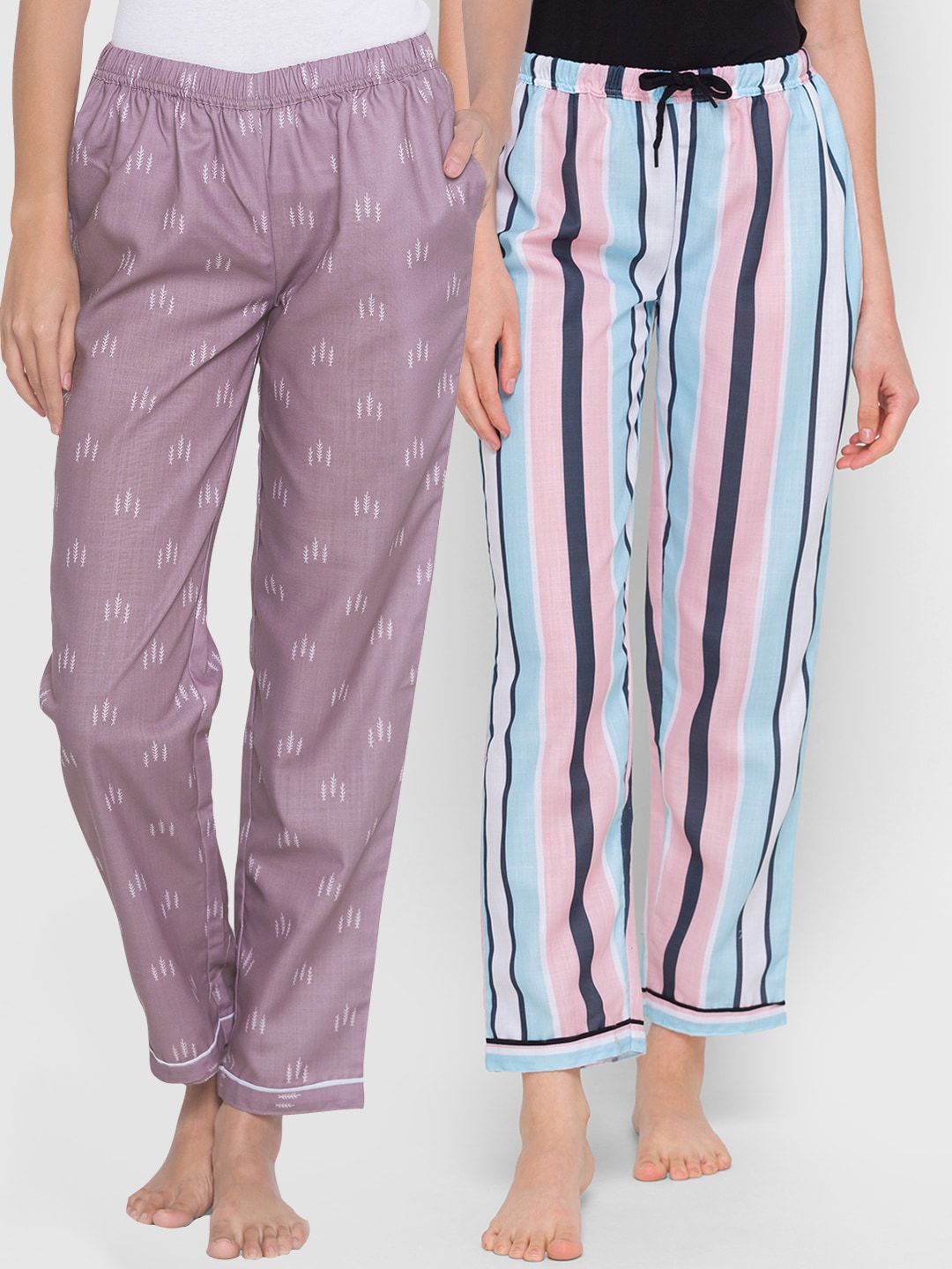 FashionRack Women Purple & Multicoloured Pack of 2 Printed Lounge Pants Price in India