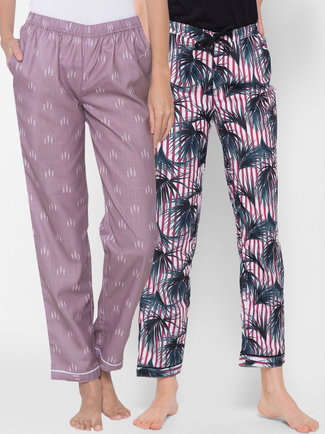 FashionRack Women Purple and Multicoloured Pack Of 2 Printed Cotton Lounge Pants Price in India