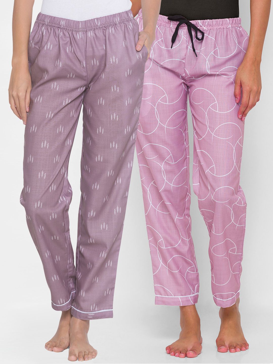 FashionRack Pack of 2 Women Purple & Pink Printed Cotton Lounge Pants Price in India