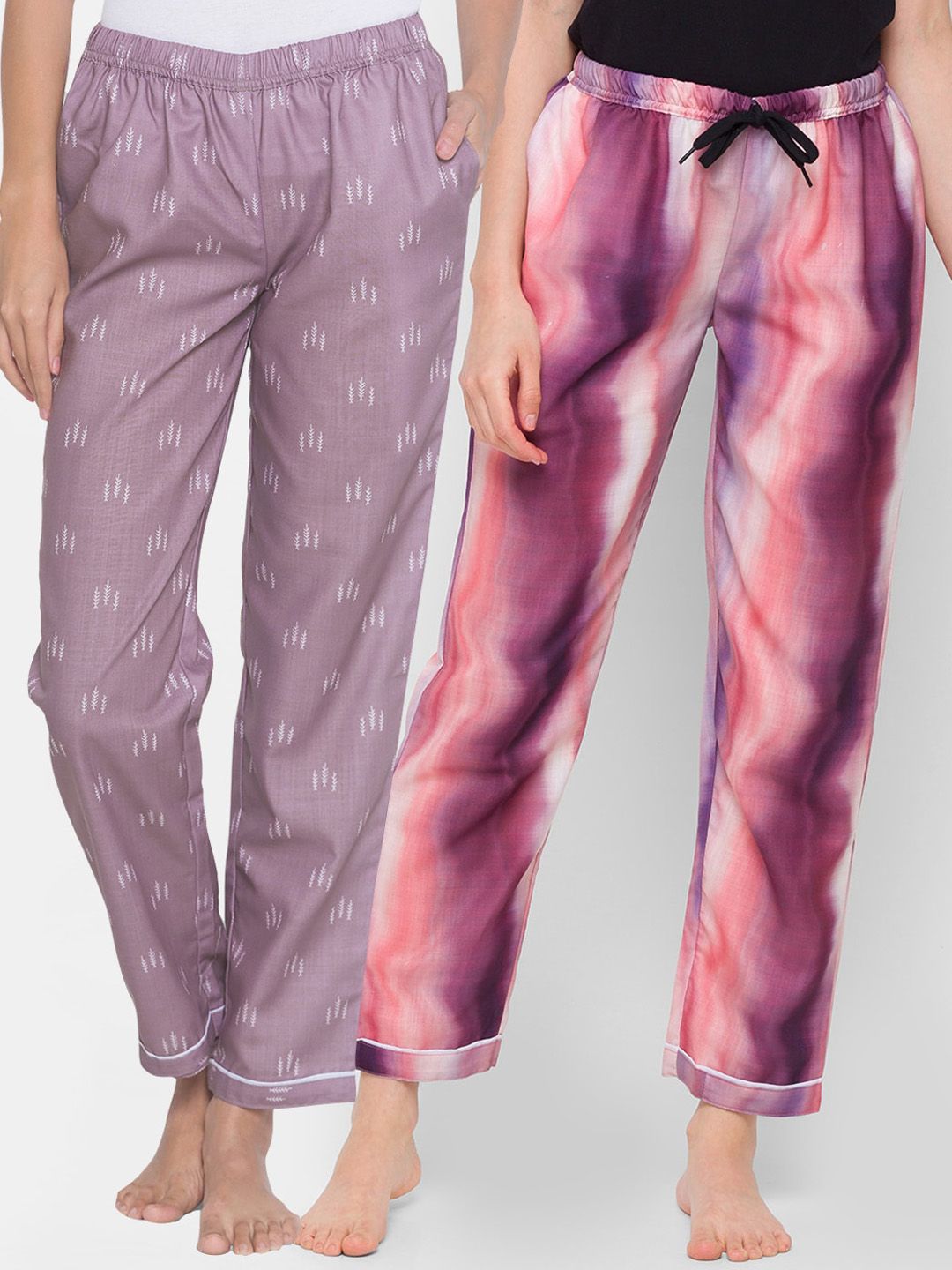 FashionRack Pack of 2 Purple and Pink Printed Cotton Lounge Pants Price in India