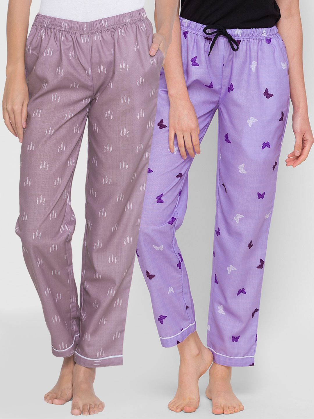 FashionRack Women Purple and Lavender Pack of 2  Printed Cotton Lounge Pants Price in India