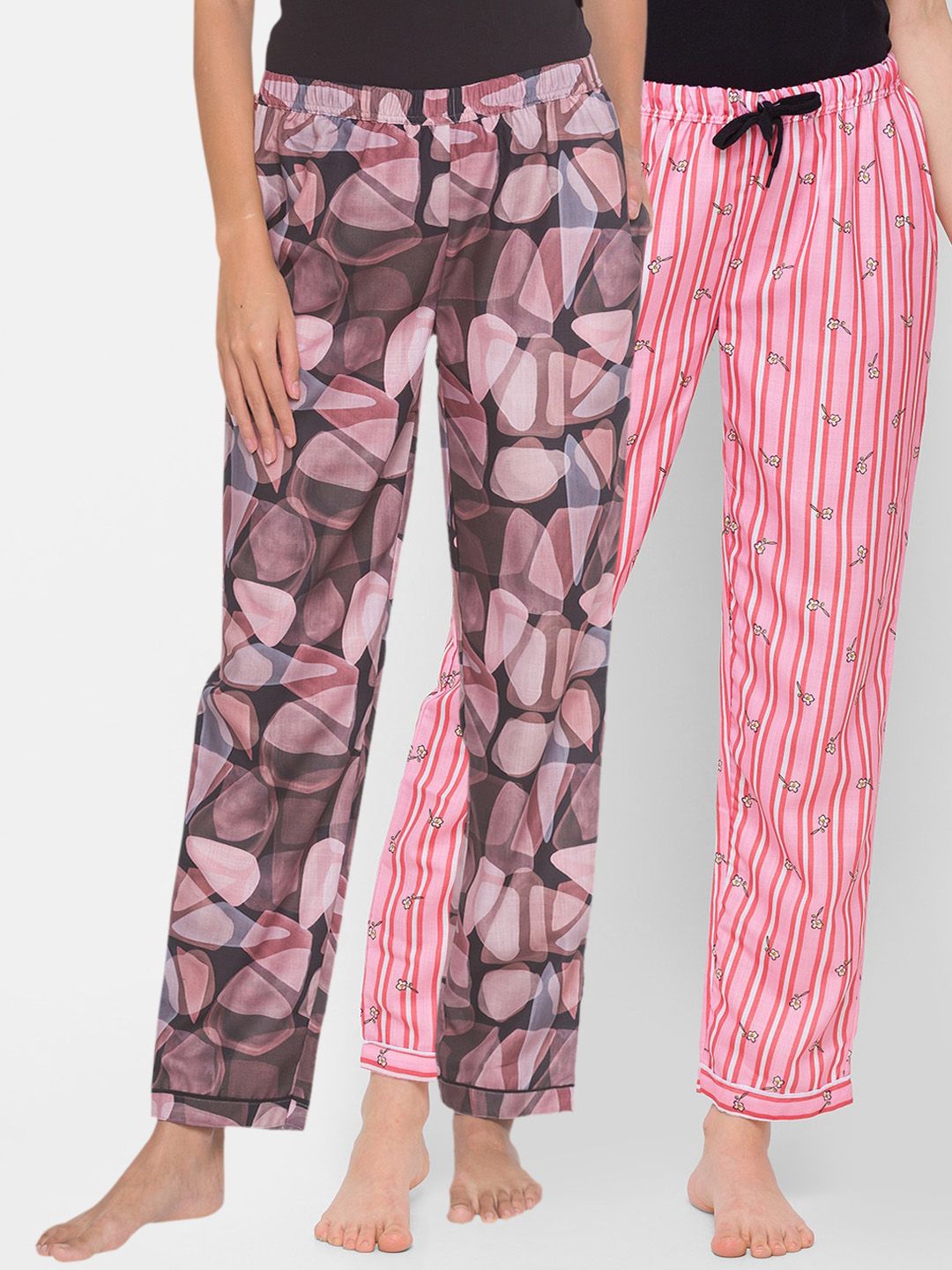 FashionRack Pack of 2 Black & Pink Printed Cotton Lounge Pants Price in India