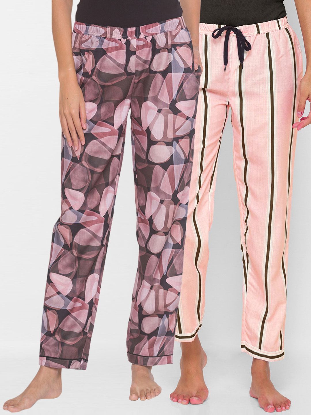 FashionRack Pack of 2 Women Brown & Peach Printed Lounge Pants Price in India