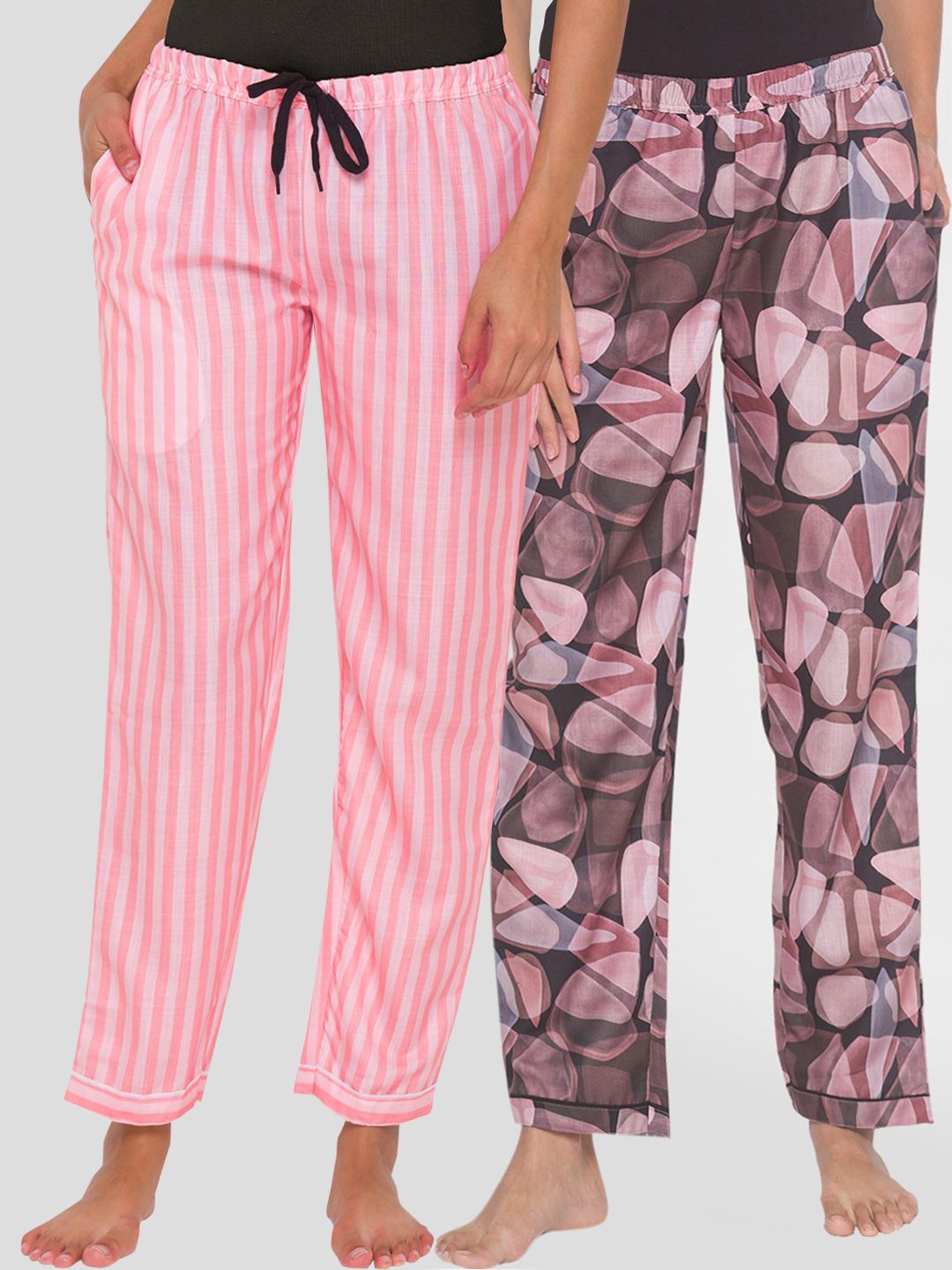 FashionRack Women Black & Pink Pack of 2 Printed Stripes Lounge Pants Price in India