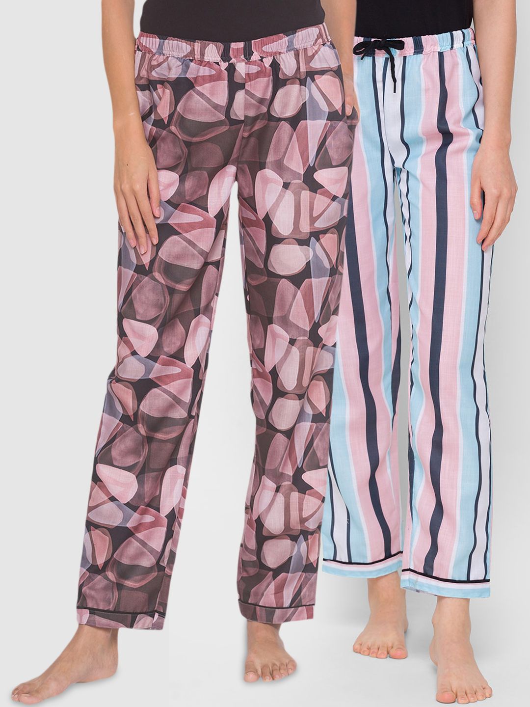 FashionRack Women Multicoloured Pack of 2 Black & Blue Printed Cotton Lounge Pants Price in India