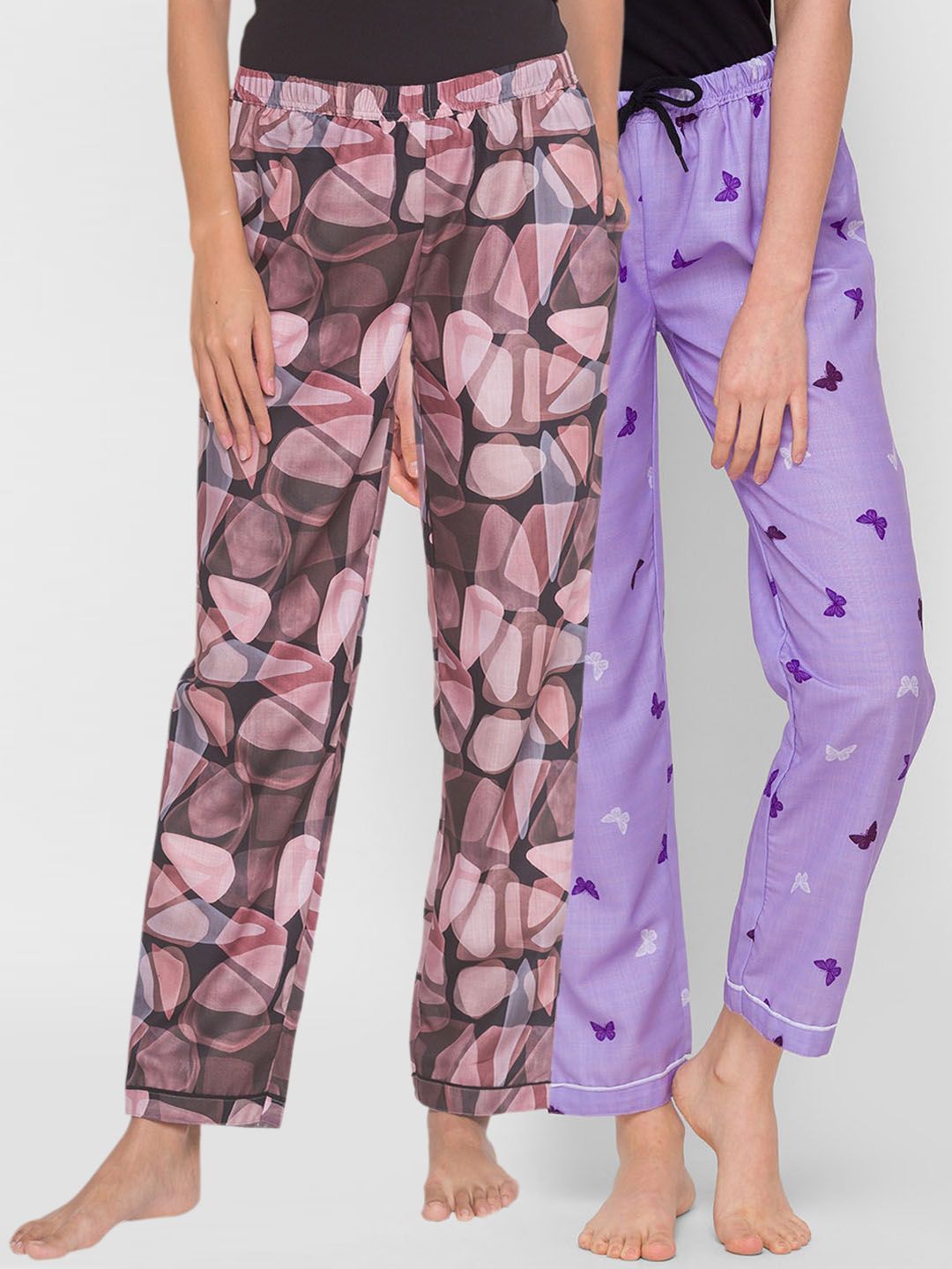 FashionRack Women Pack of 2 Black & Purple Printed Lounge Pants Price in India