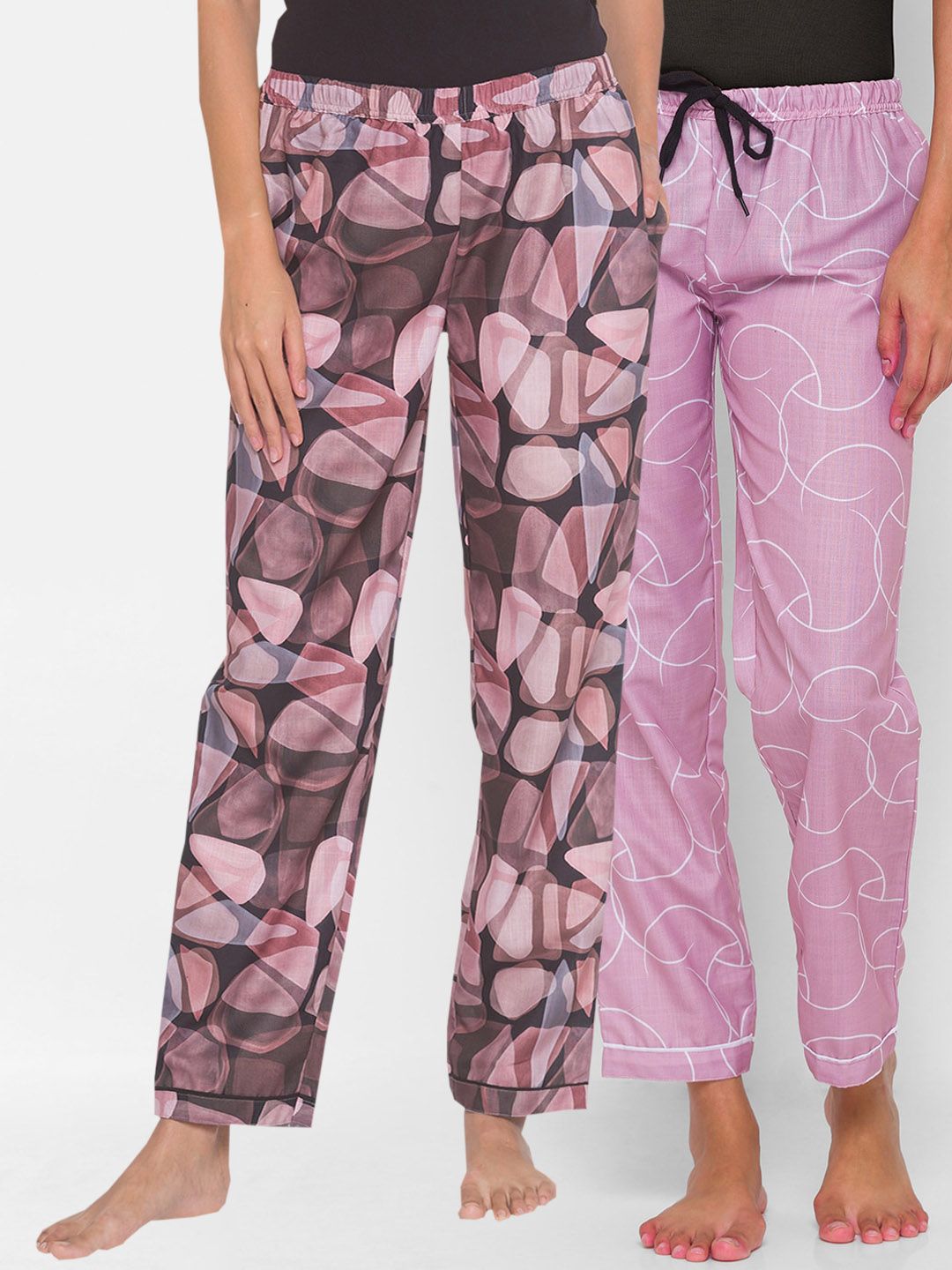 FashionRack Women Brown & Pink Pack of 2 Printed Cotton Lounge Pants Price in India