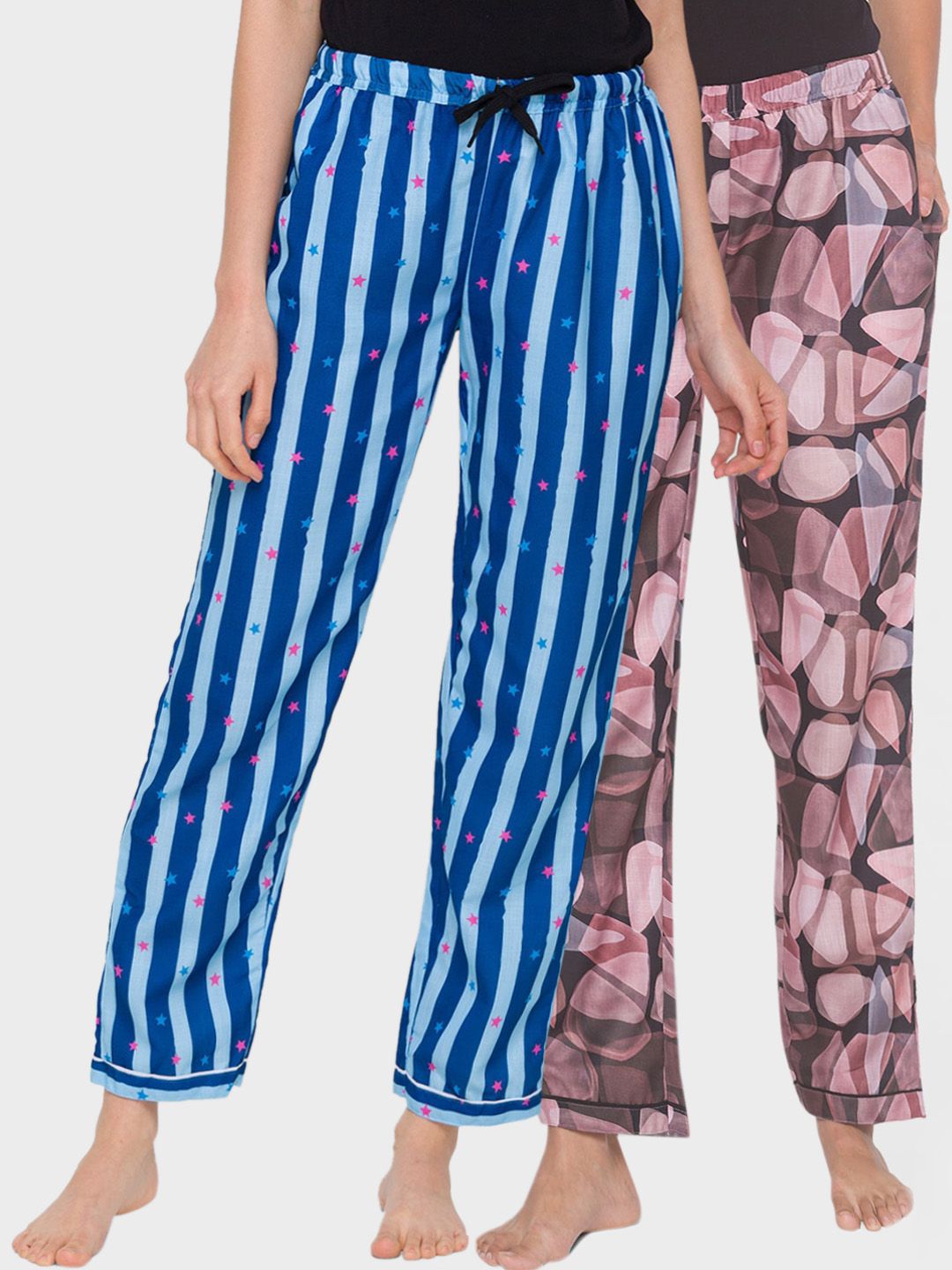 FashionRack Women Blue & Black Pack of 2 Stripes Printed Lounge Pants Price in India