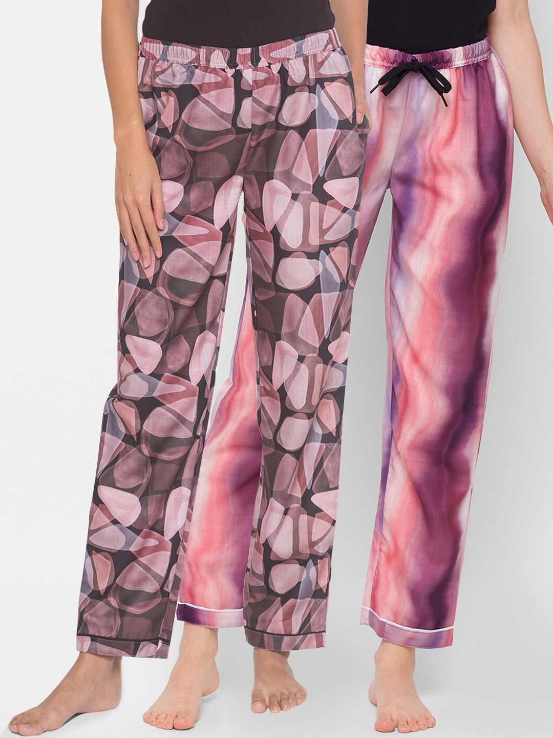 FashionRack Women Pack of 2 Black & Purple Printed Cotton Lounge Pants Price in India