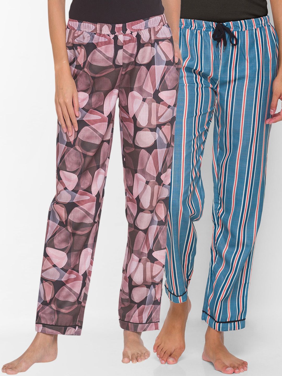 FashionRack Women Pack of 2 Black & Blue Printed Lounge Pants Price in India