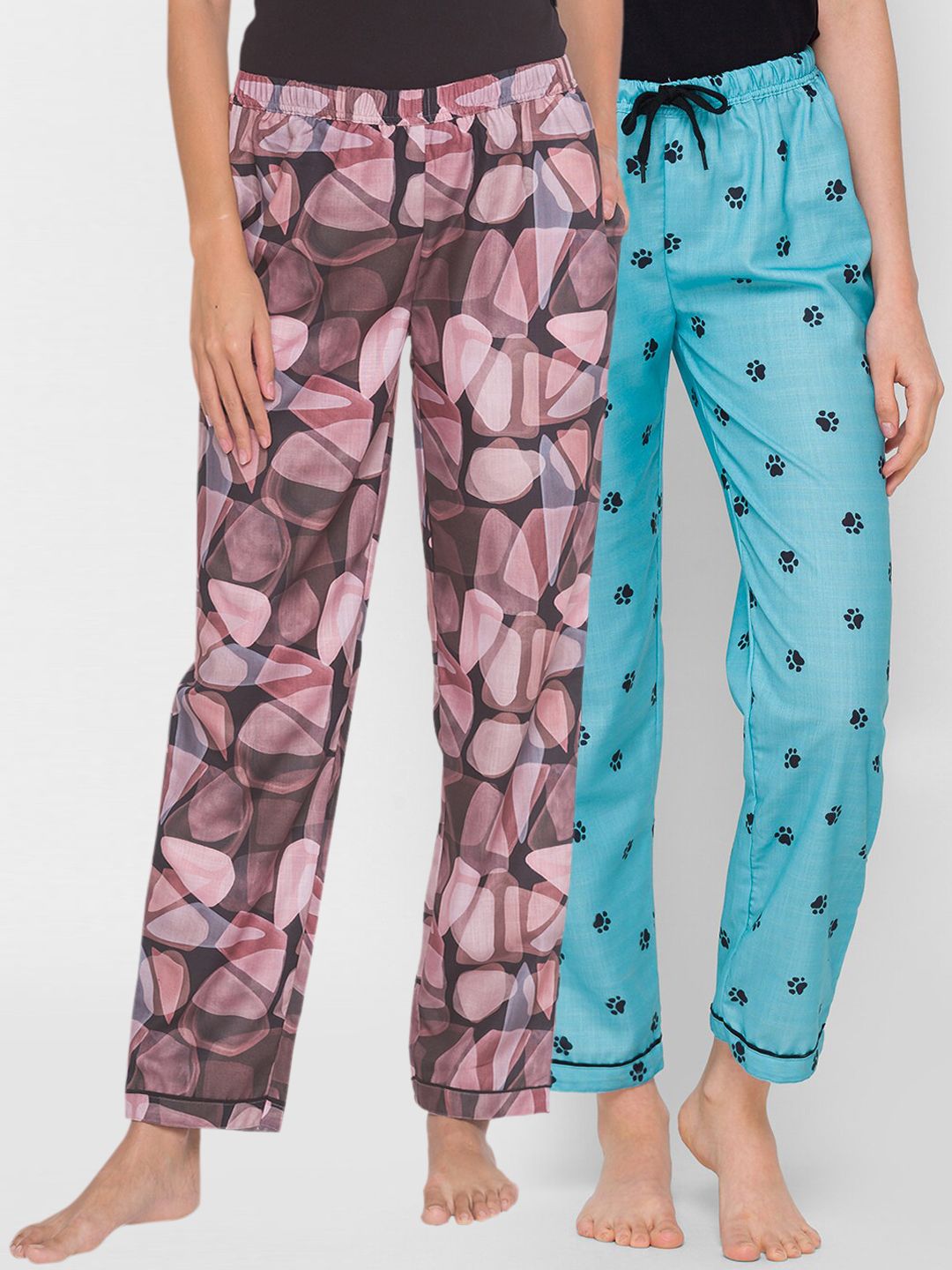 FashionRack Women Pack of 2 Pink & Blue Printed Cotton Lounge Pants Price in India