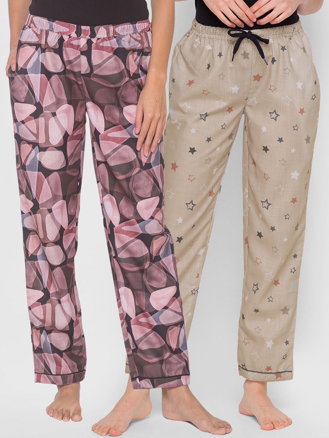 FashionRack Pack of 2 Black & Beige Printed Cotton Lounge Pants Price in India