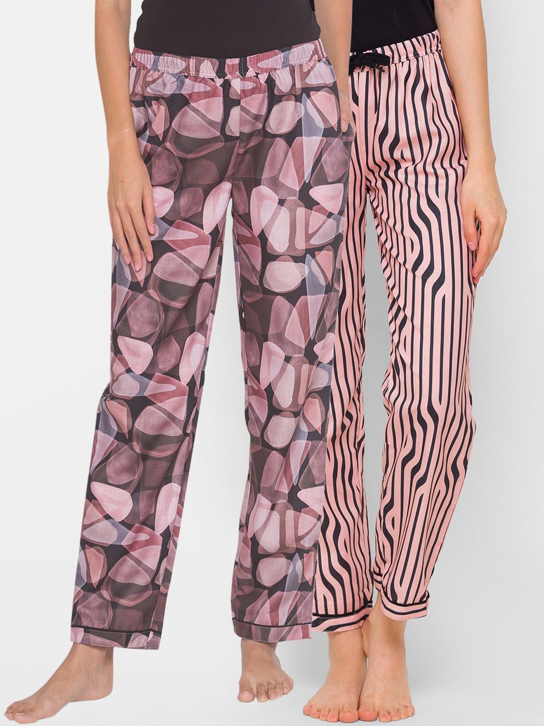 FashionRack Women Pack of 2 Black & Beige Printed Cotton Lounge Pants Price in India