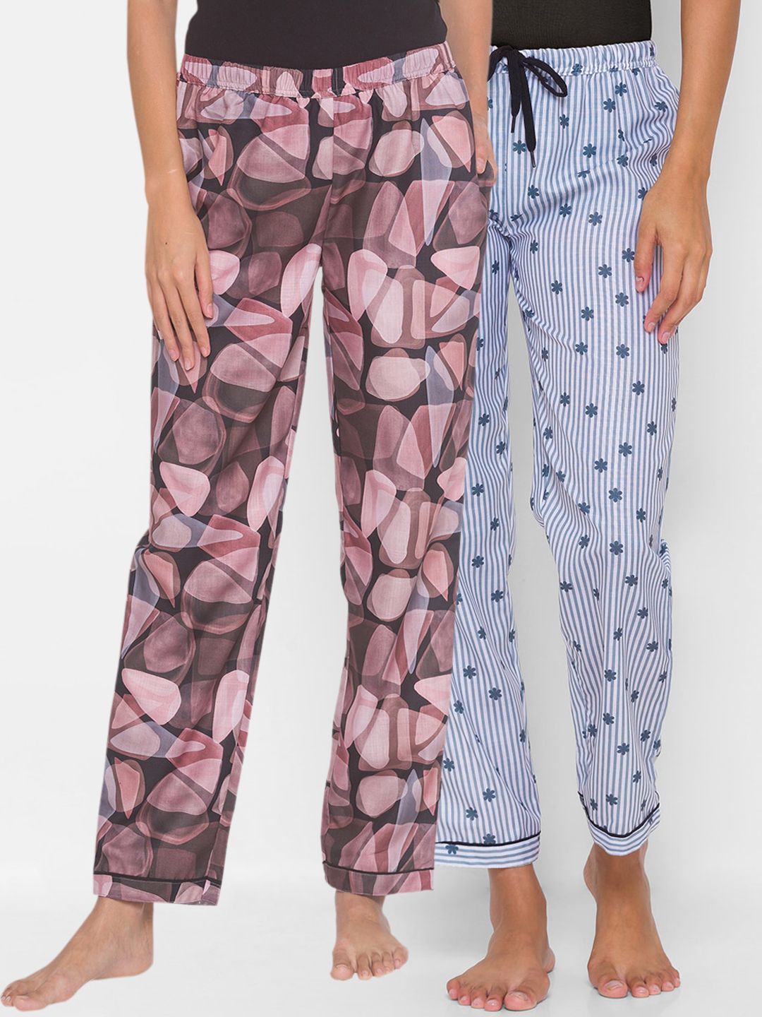 FashionRack Women Pack of 2 Pink and Blue Printed Cotton Lounge Pants Price in India