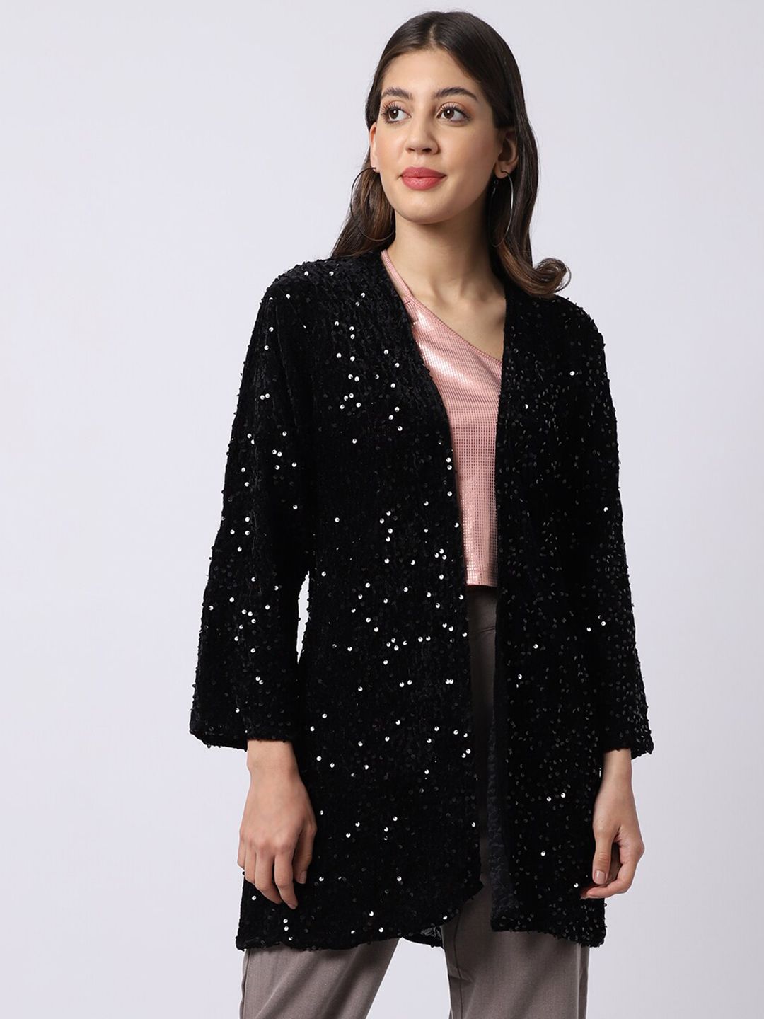 UnaOne Women Black Party Embellished Longline Shrug Price in India