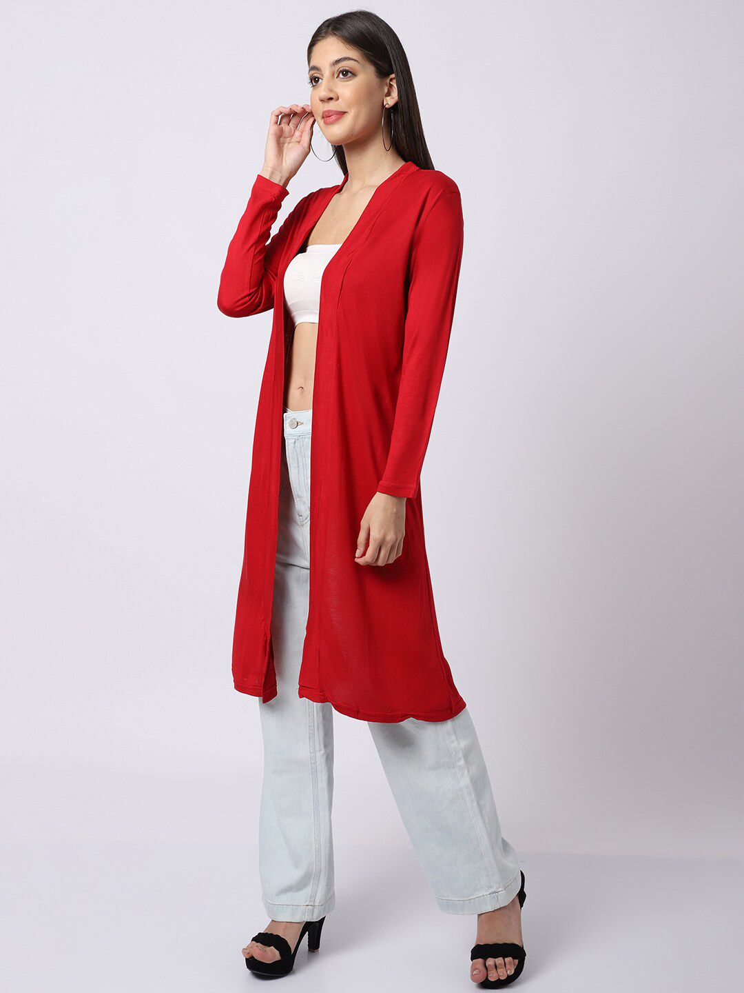 UnaOne Women Red & White Longline Shrug Price in India