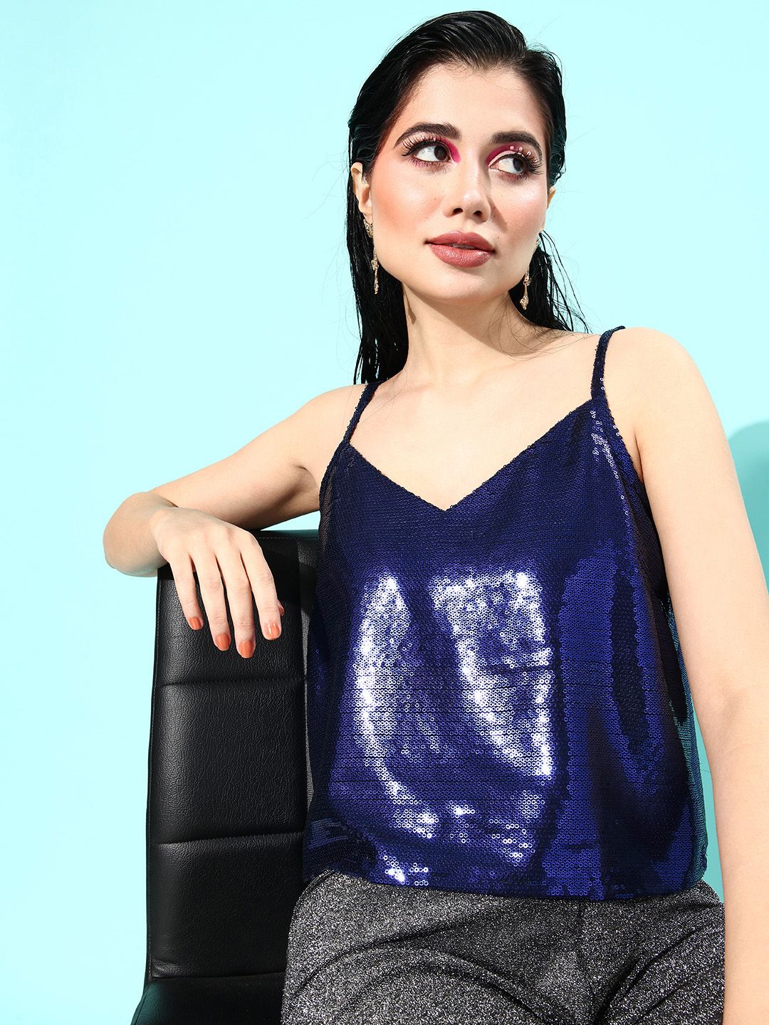 DressBerry Women Blue Sequin Embellished Top Price in India