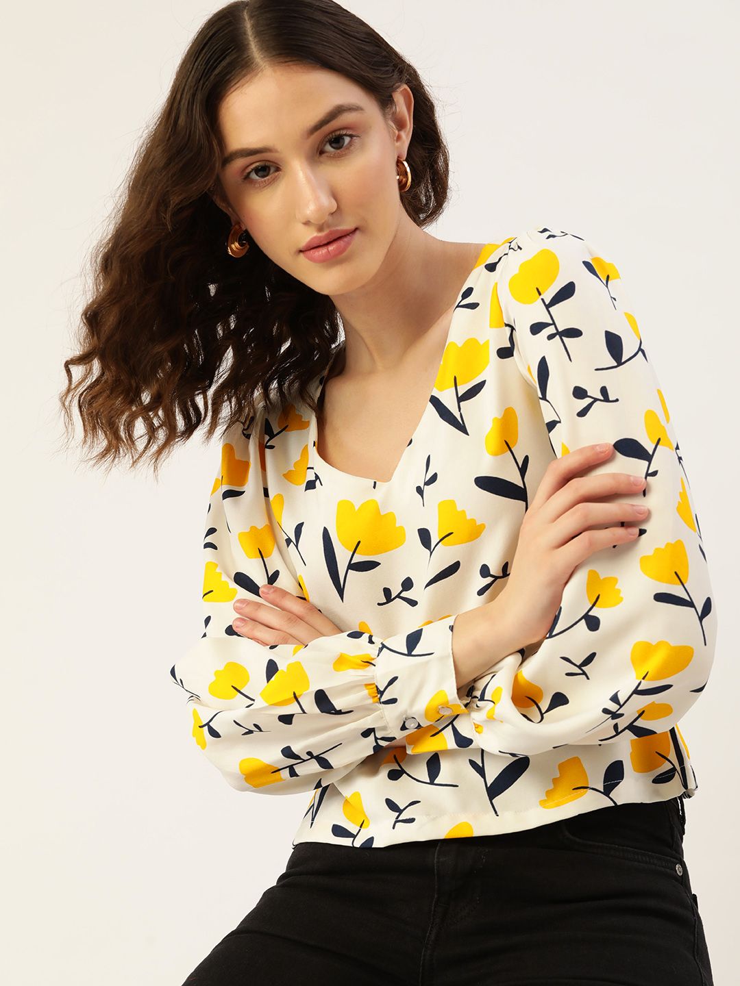 DressBerry White & Yellow Floral Print Top Price in India