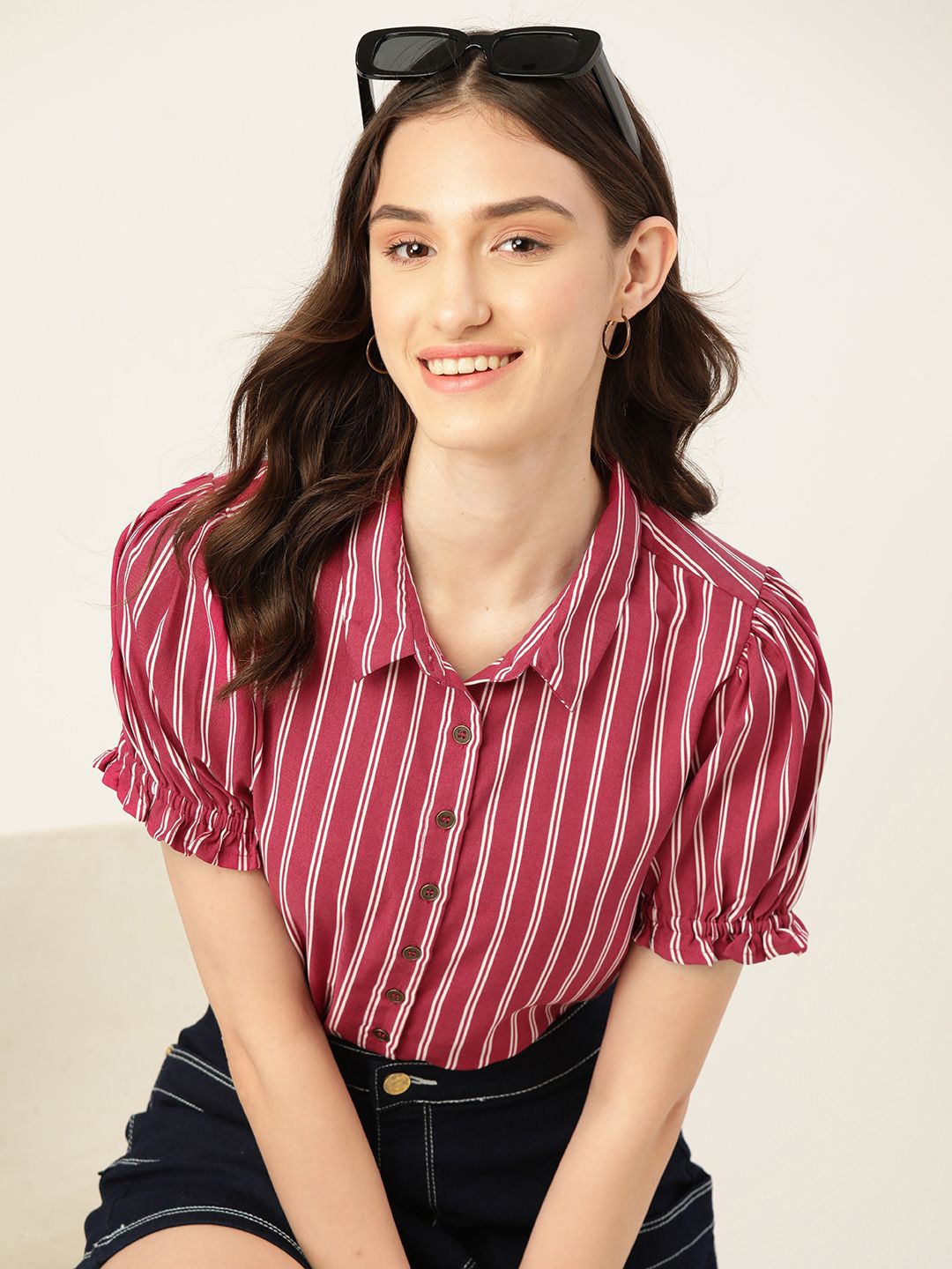 DressBerry Women Striped Puff Sleeves Shirt Style Top Price in India