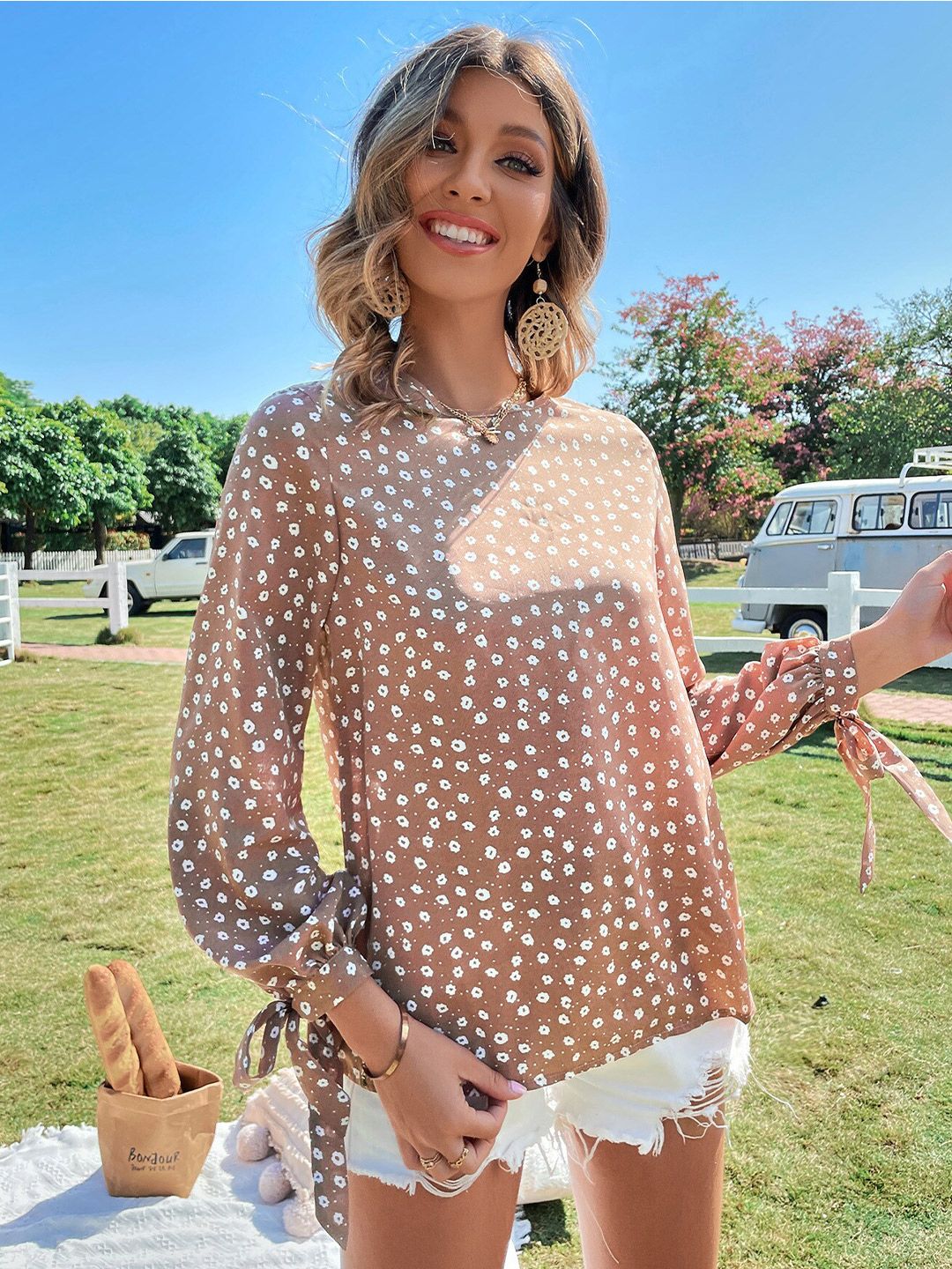 BoStreet Peach-Coloured Floral Print Jewel Neck Top