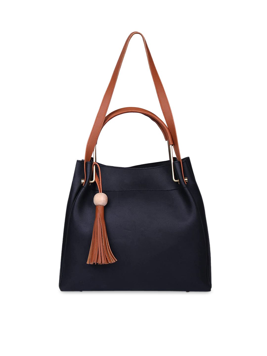 The Mini NEEDLE Black Colourblocked PU Bucket Hobo Bag with Tasselled Price in India