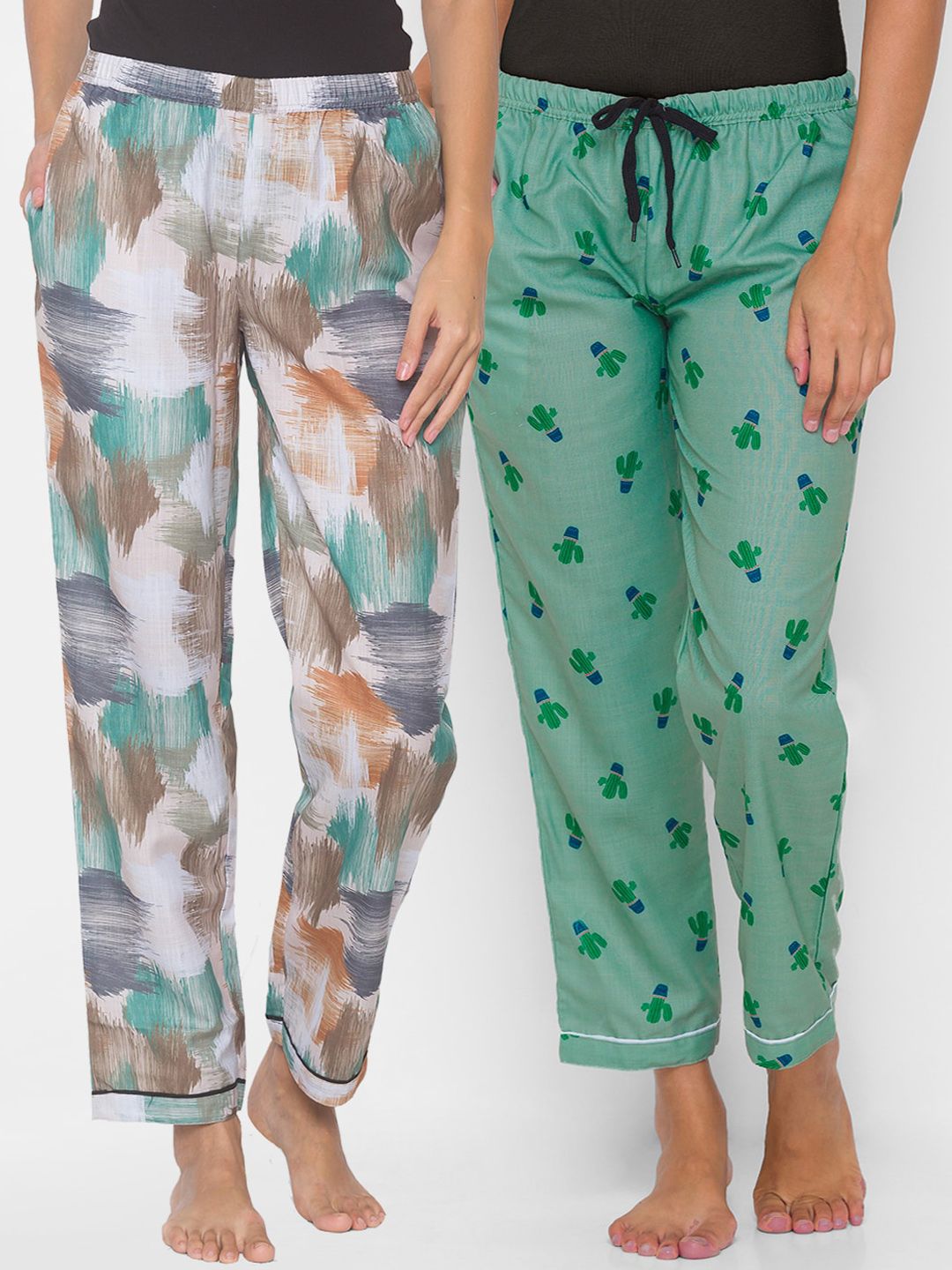 FashionRack Women Pack of 2 Beige & Green Scribble Cactus Printed Cotton Lounge Pants Price in India