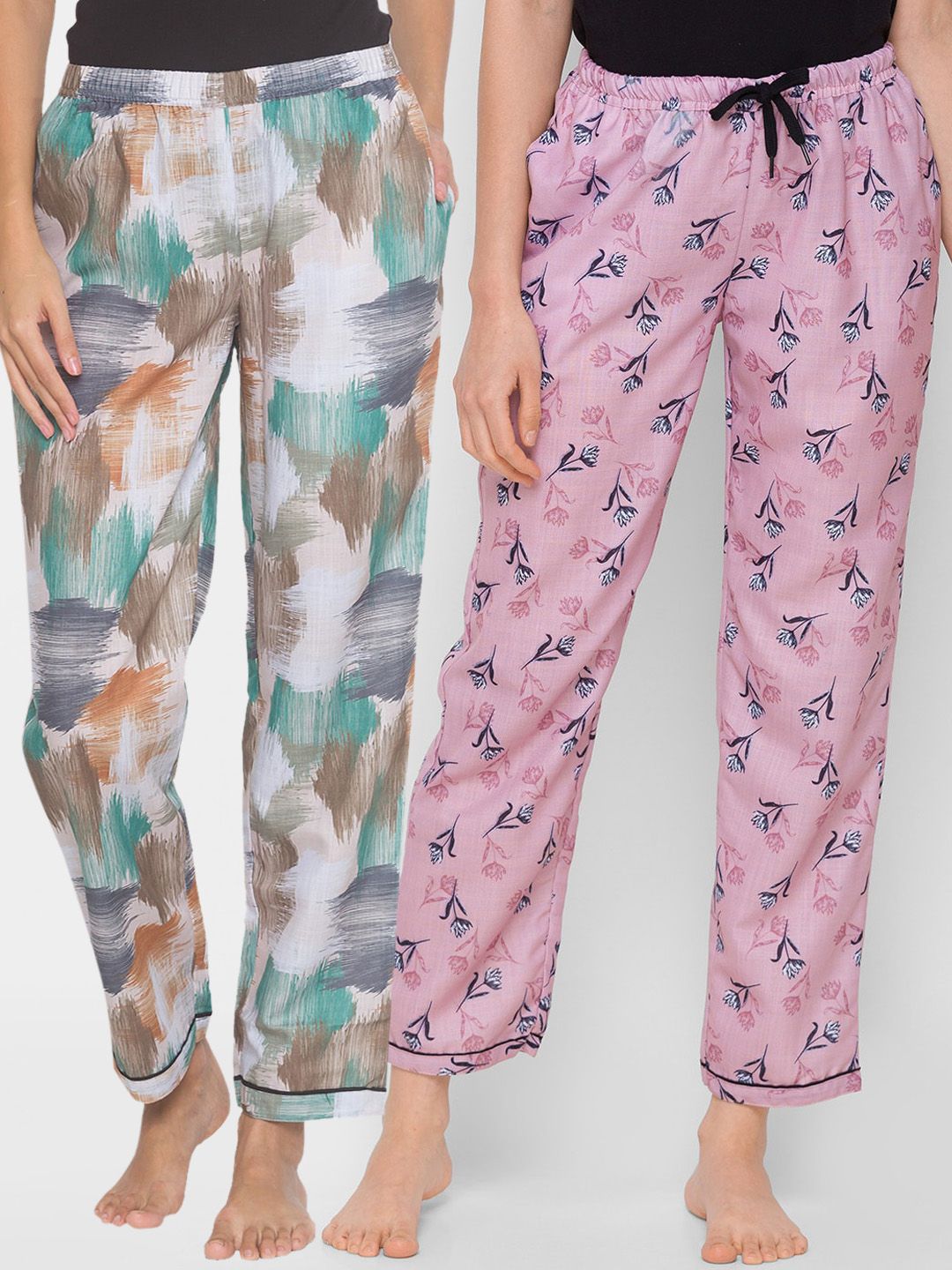 FashionRack Women Beige & Pink Pack of 2 Printed Cotton Lounge Pants Price in India