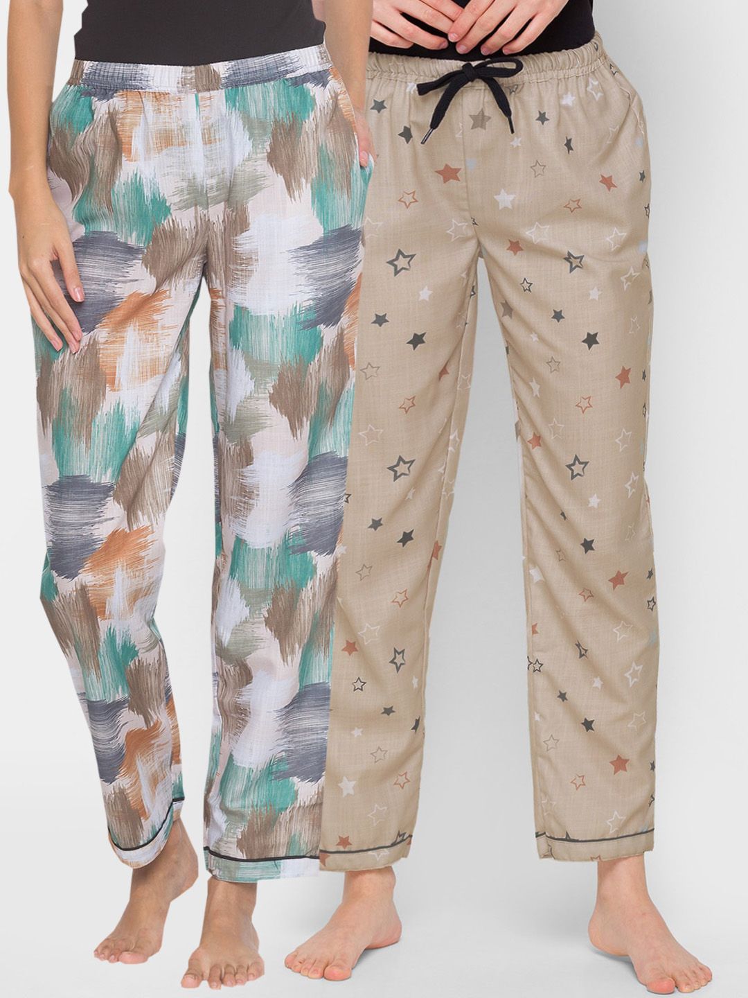 FashionRack Women Pack of 2 Beige & Brown Printed Cotton Lounge Pants Price in India