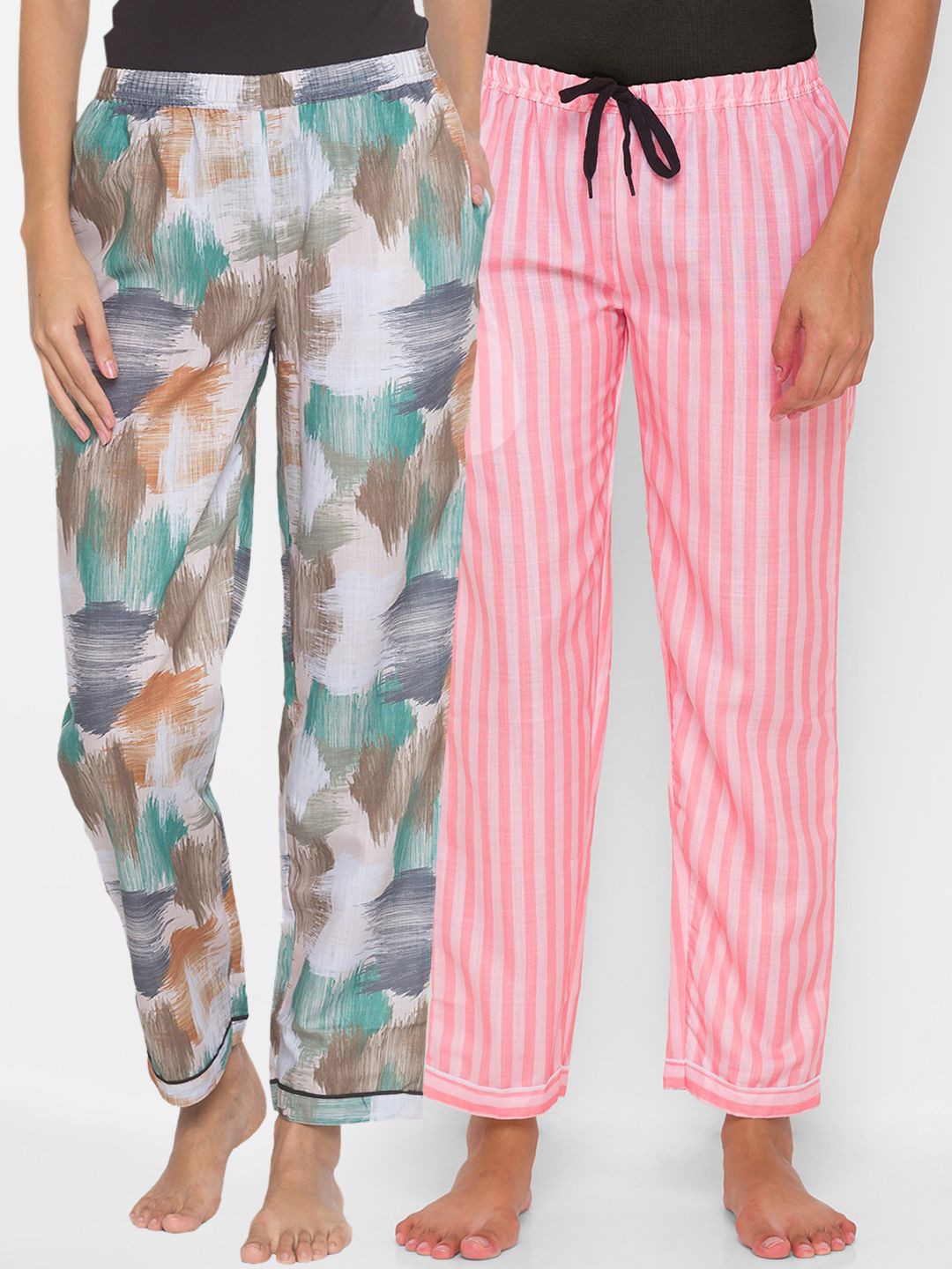 FashionRack Pack of 2 Women Beige & Pink Printed Lounge Pants Price in India