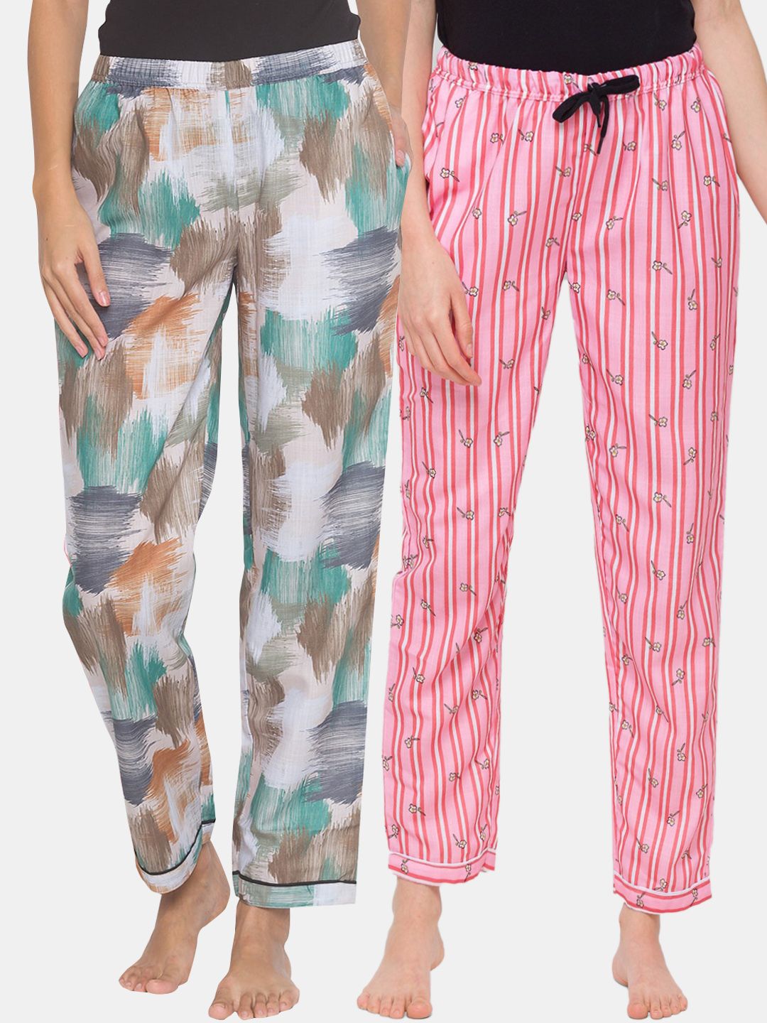 FashionRack Women Pack of 2 Multicoloured Printed Cotton Lounge Pants Price in India