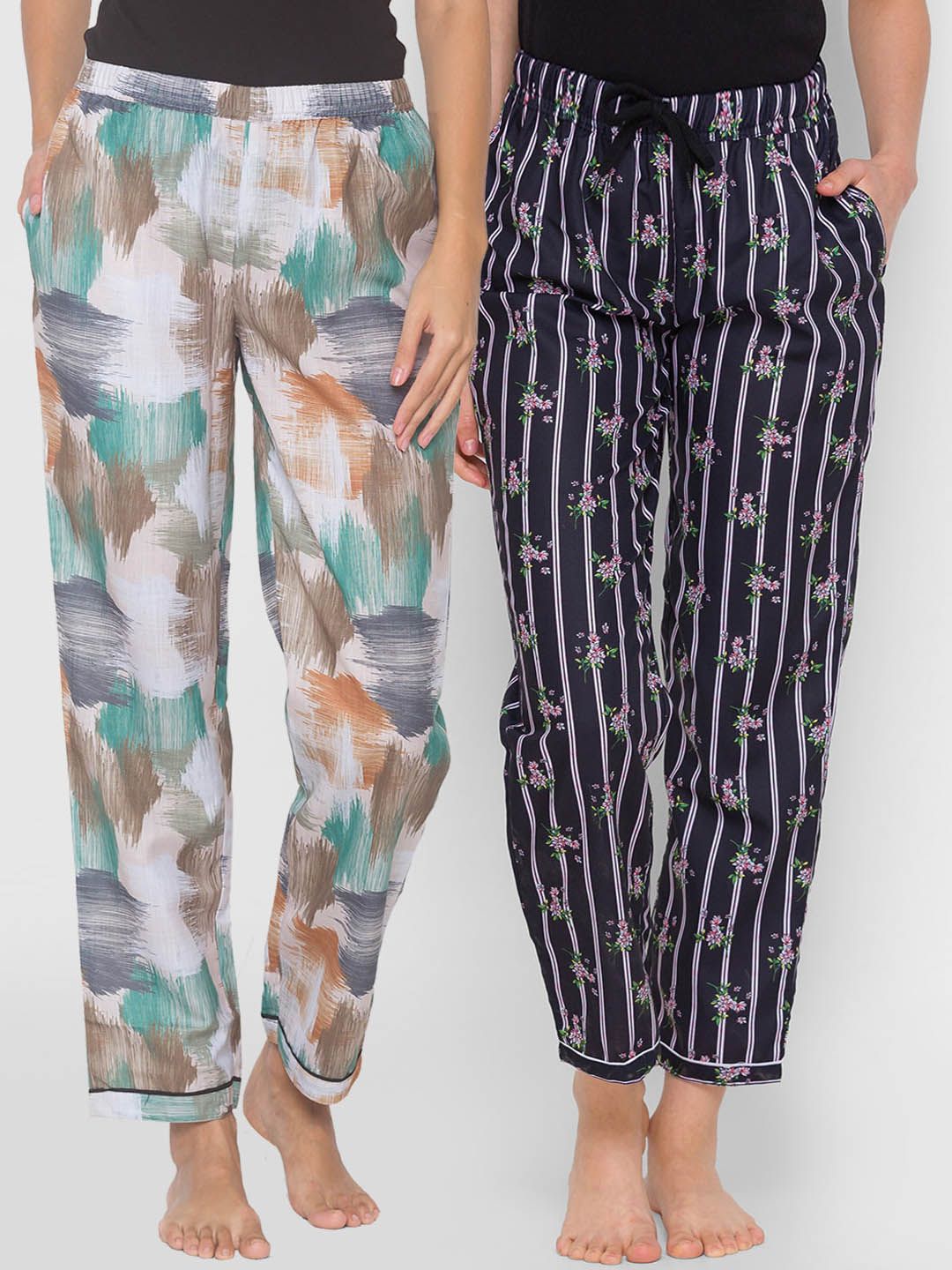 FashionRack Women Pack of 2 Beige and Black Printed Lounge Pants Price in India