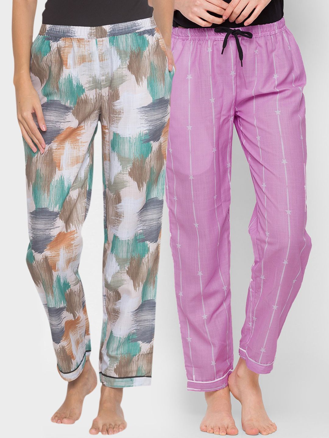 FashionRack Women Pack of 2 Beige & Purple Printed Cotton Lounge Pants Price in India