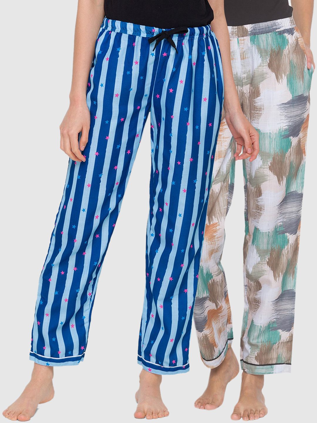 FashionRack Women Blue and Beige Pack of 2 Printed Cotton Lounge Pants Price in India