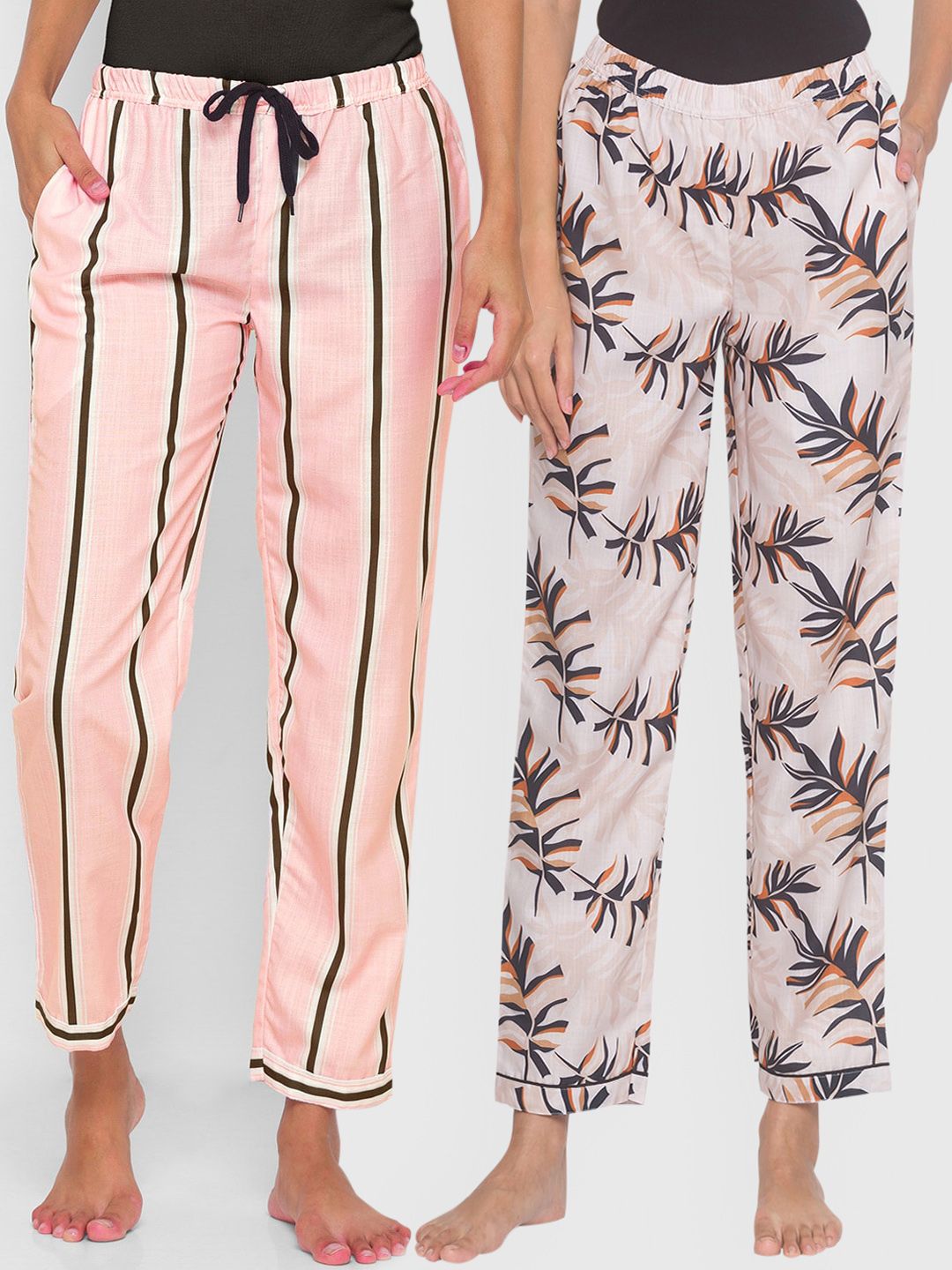 FashionRack Pack of 2 Beige & Pink Printed Cotton Lounge Pants Price in India