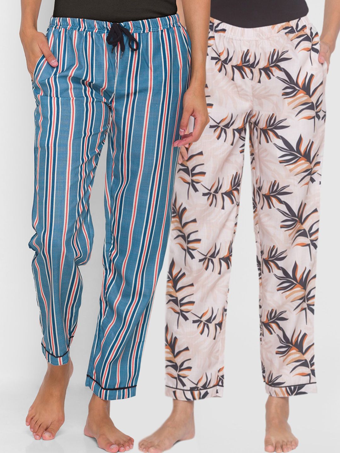 FashionRack Women Beige & Blue Pack of 2 Printed Lounge Pants Price in India