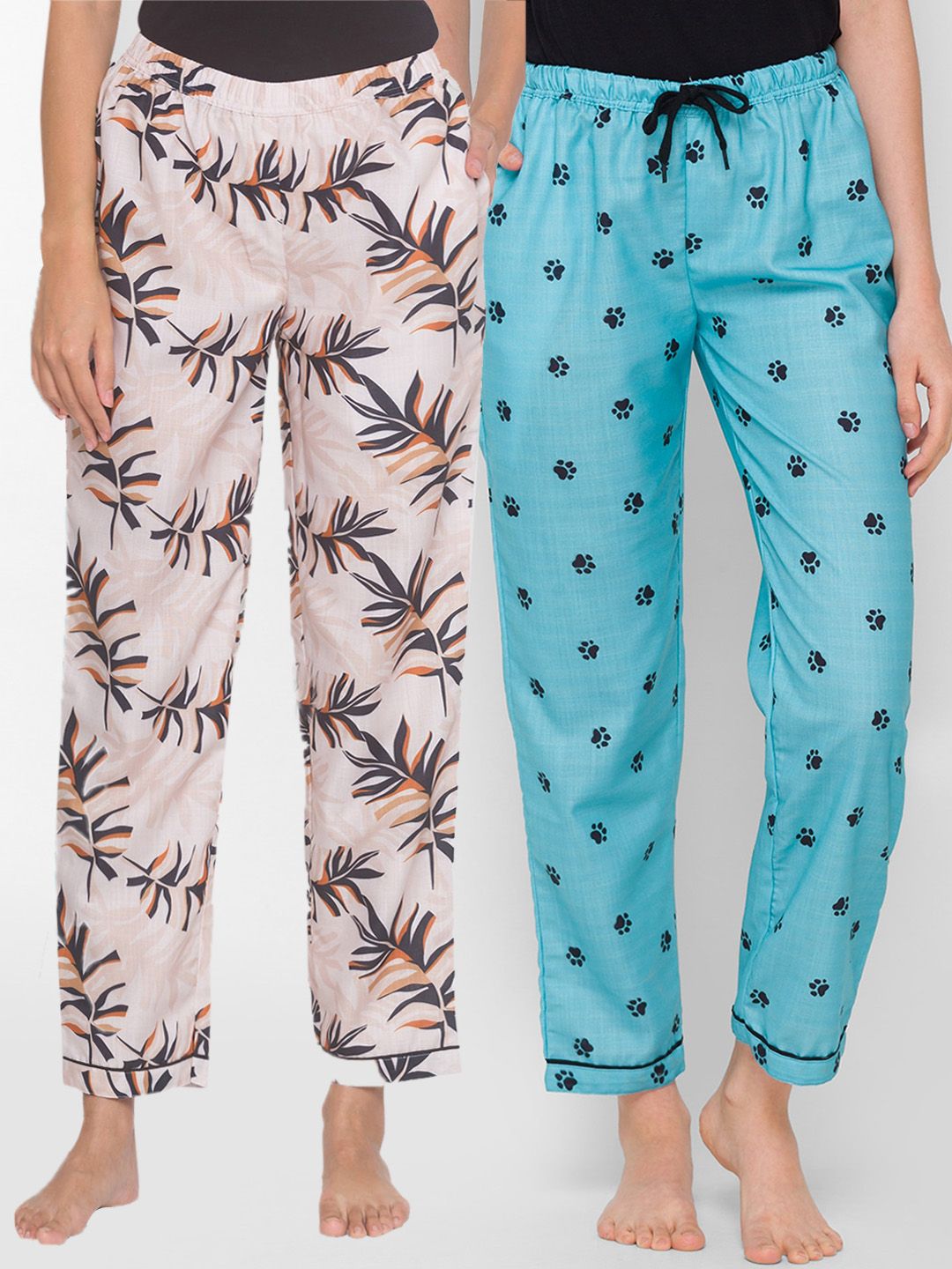 FashionRack Pack of 2 Beige & Blue Printed Cotton Lounge Pants Price in India