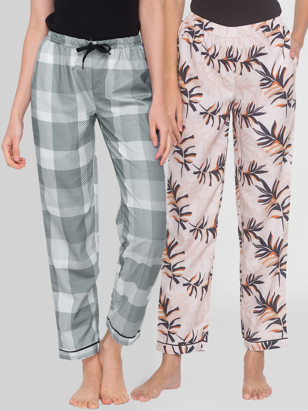 FashionRack Women Set of 2 Grey & Beige Cotton Lounge Pants Price in India