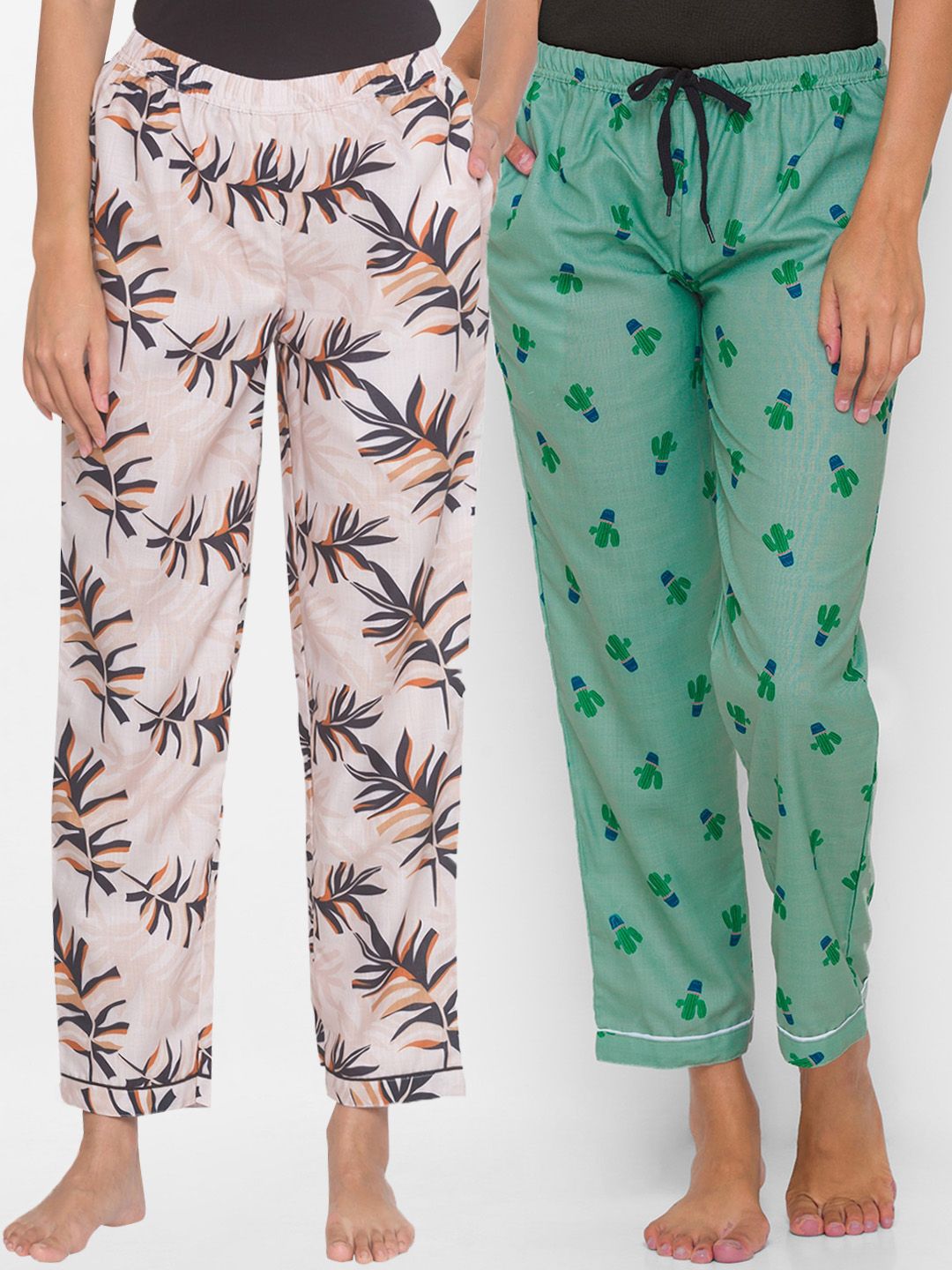 FashionRack Women Pack of 2 Beige & Green Printed Cotton Lounge Pants Price in India