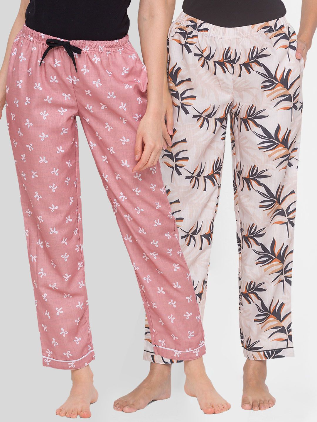 FashionRack Women Pack of 2 Beige & Pink Printed Cotton Lounge Pants Price in India