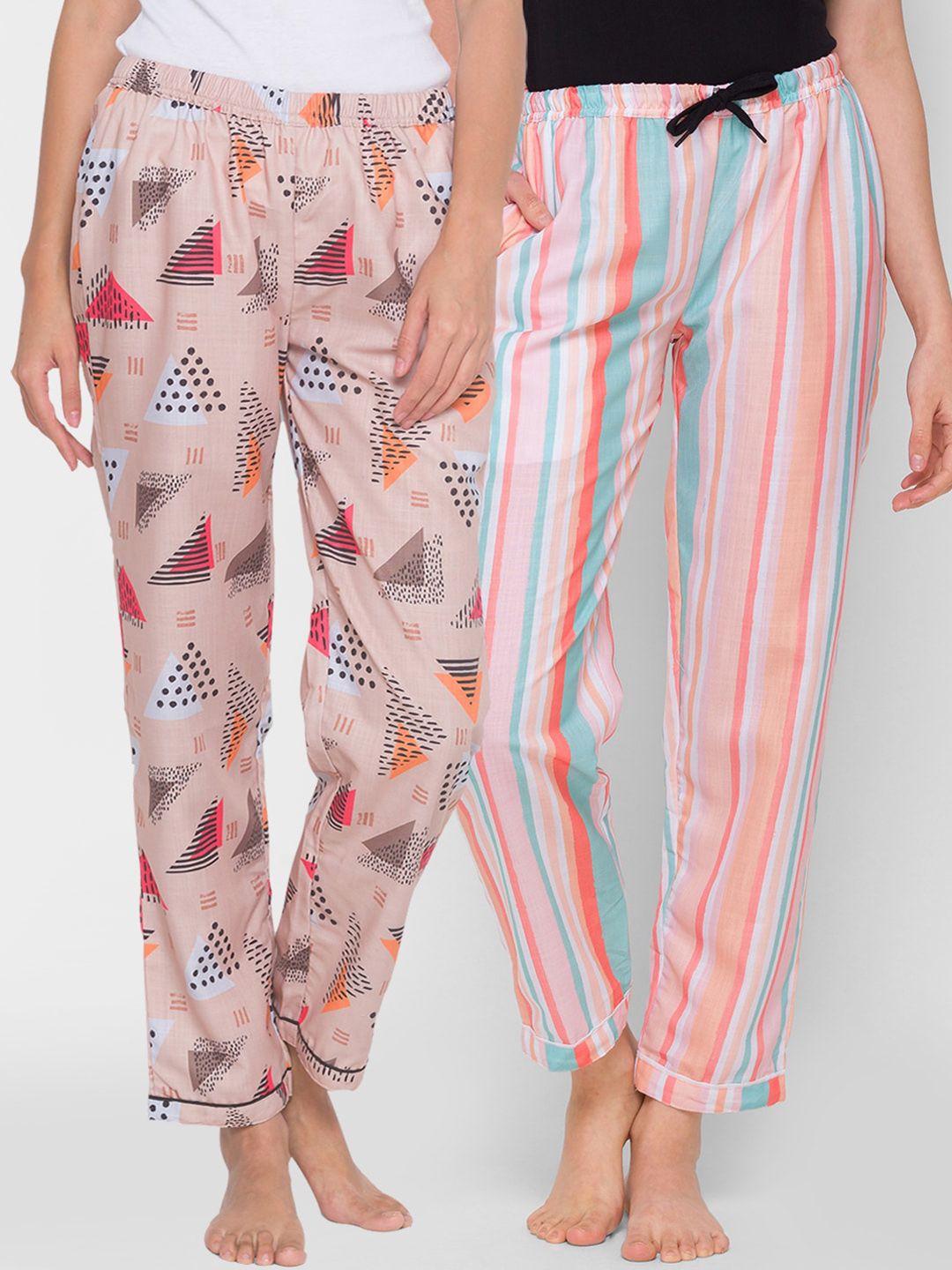 FashionRack Women Pack Of 2 Abstract Triangle Pastel Multistrip Cotton Lounge Pants Price in India