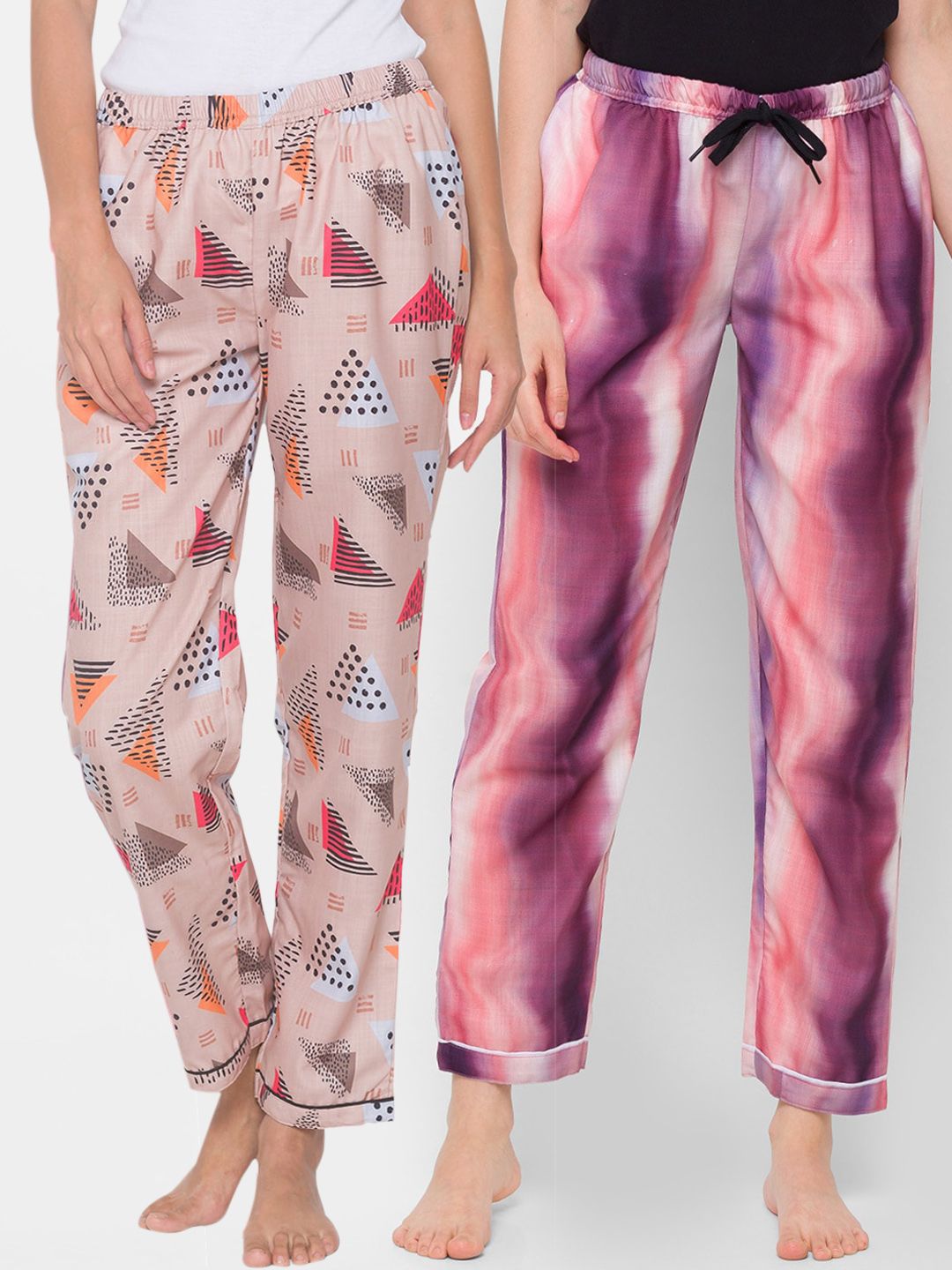 FashionRack Women Pack of 2 Abstract Triangle Tie-Dye Printed Cotton Lounge Pants Price in India