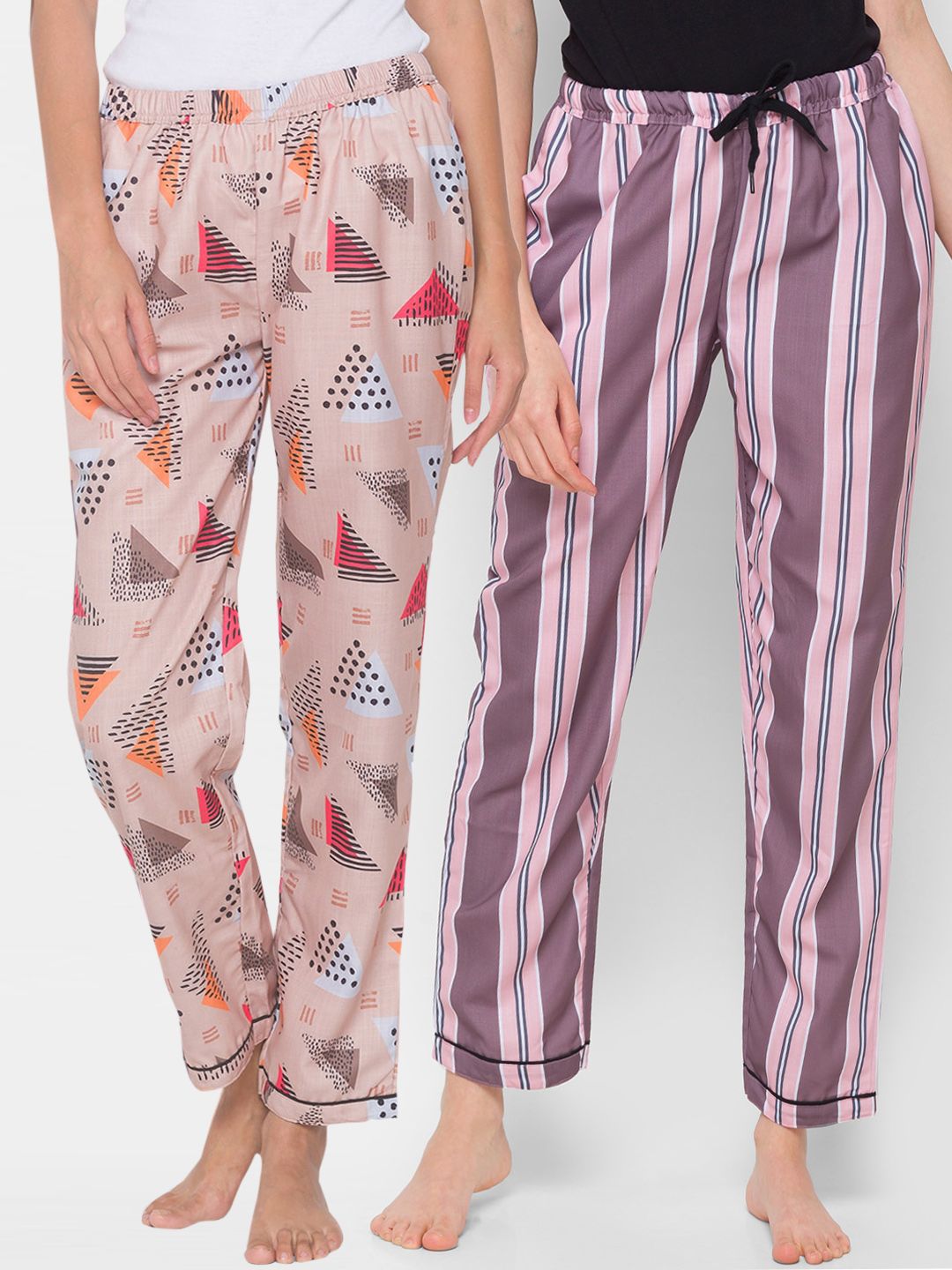 FashionRack Women Pack of 2 Beige & Pink Printed Cotton Lounge Pants Price in India