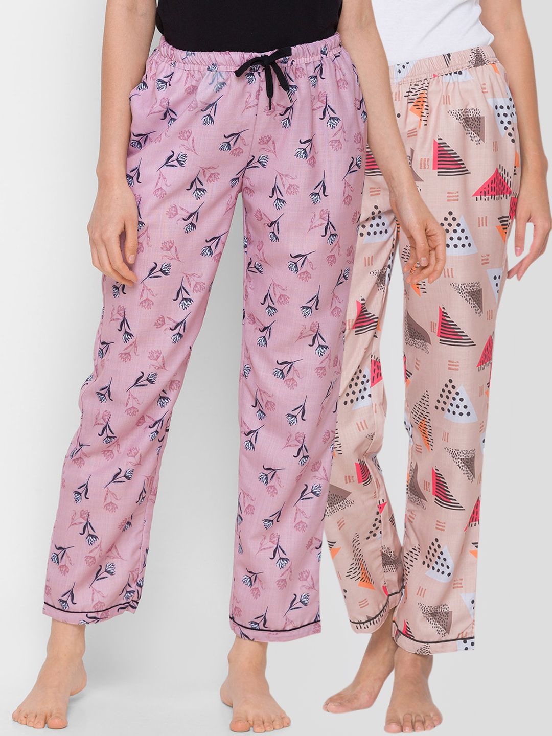 FashionRack Pack of 2 Beige & Pink Printed Cotton Lounge Pants Price in India