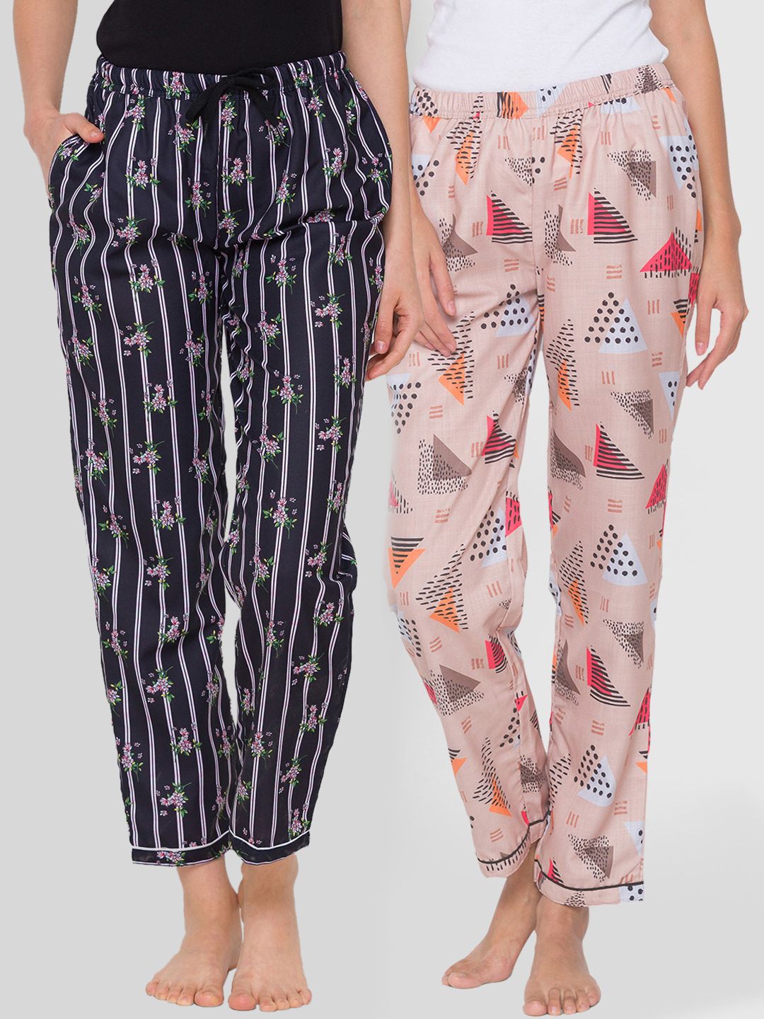 FashionRack Pack of 2 Women Beige & Black Printed Lounge Pants Price in India